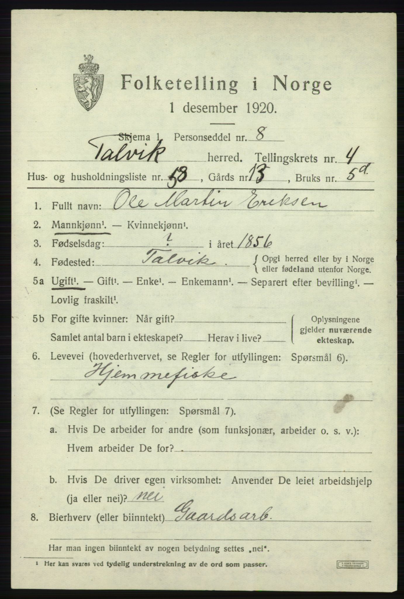 SATØ, Folketelling 1920 for 2013 Talvik herred, 1920, s. 3252