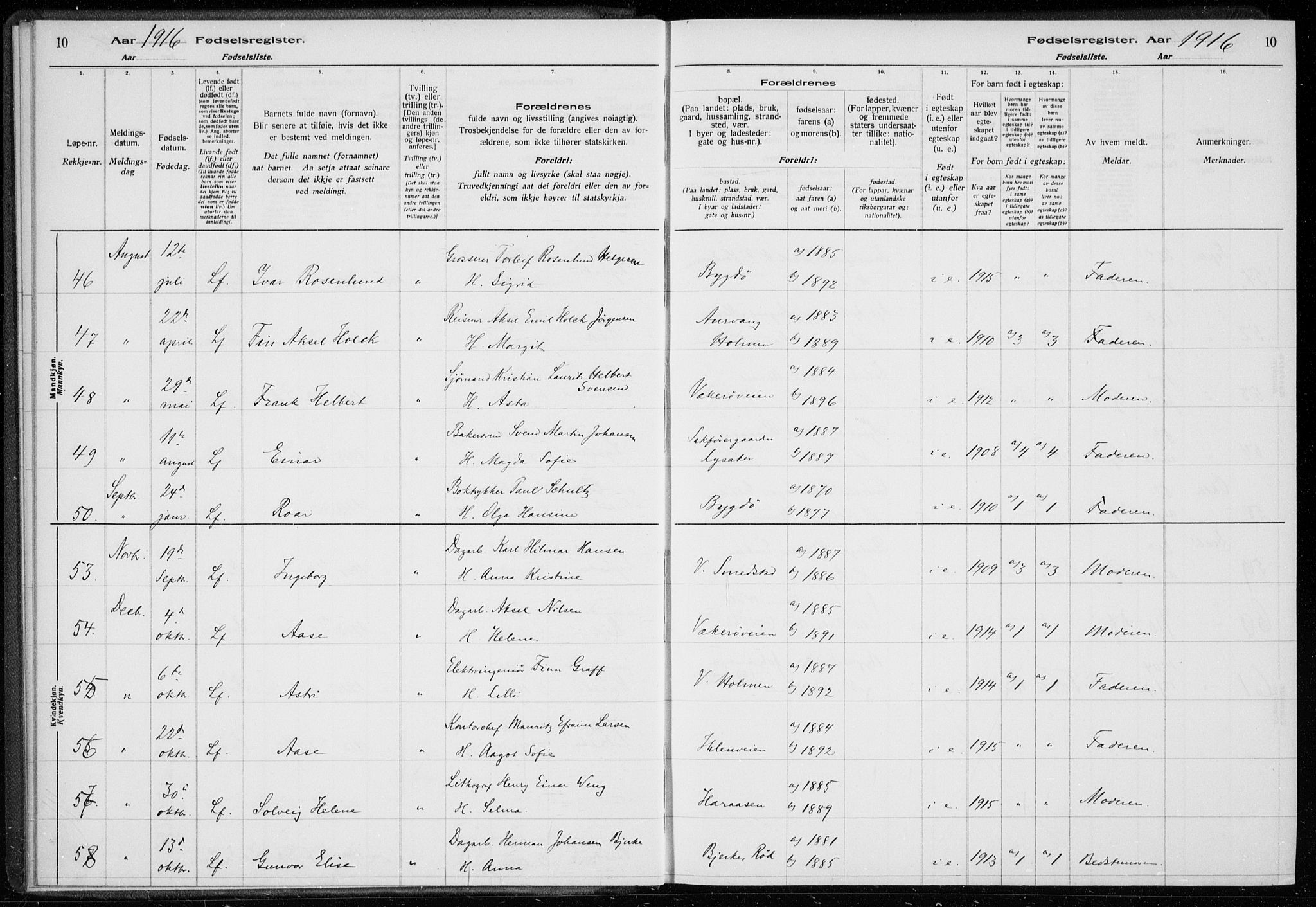 Ullern prestekontor Kirkebøker, AV/SAO-A-10740/J/L0001: Fødselsregister nr. 1, 1916-1928, s. 10