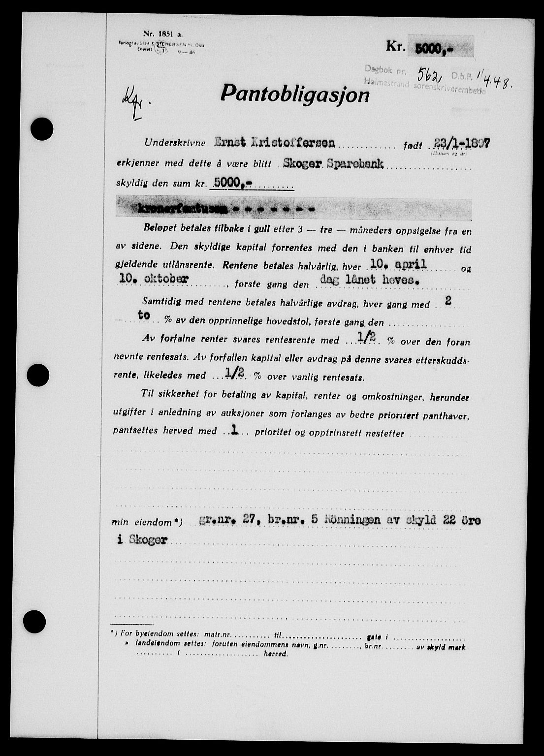 Holmestrand sorenskriveri, SAKO/A-67/G/Ga/Gab/L0058: Pantebok nr. B-58, 1947-1948, Dagboknr: 562/1948