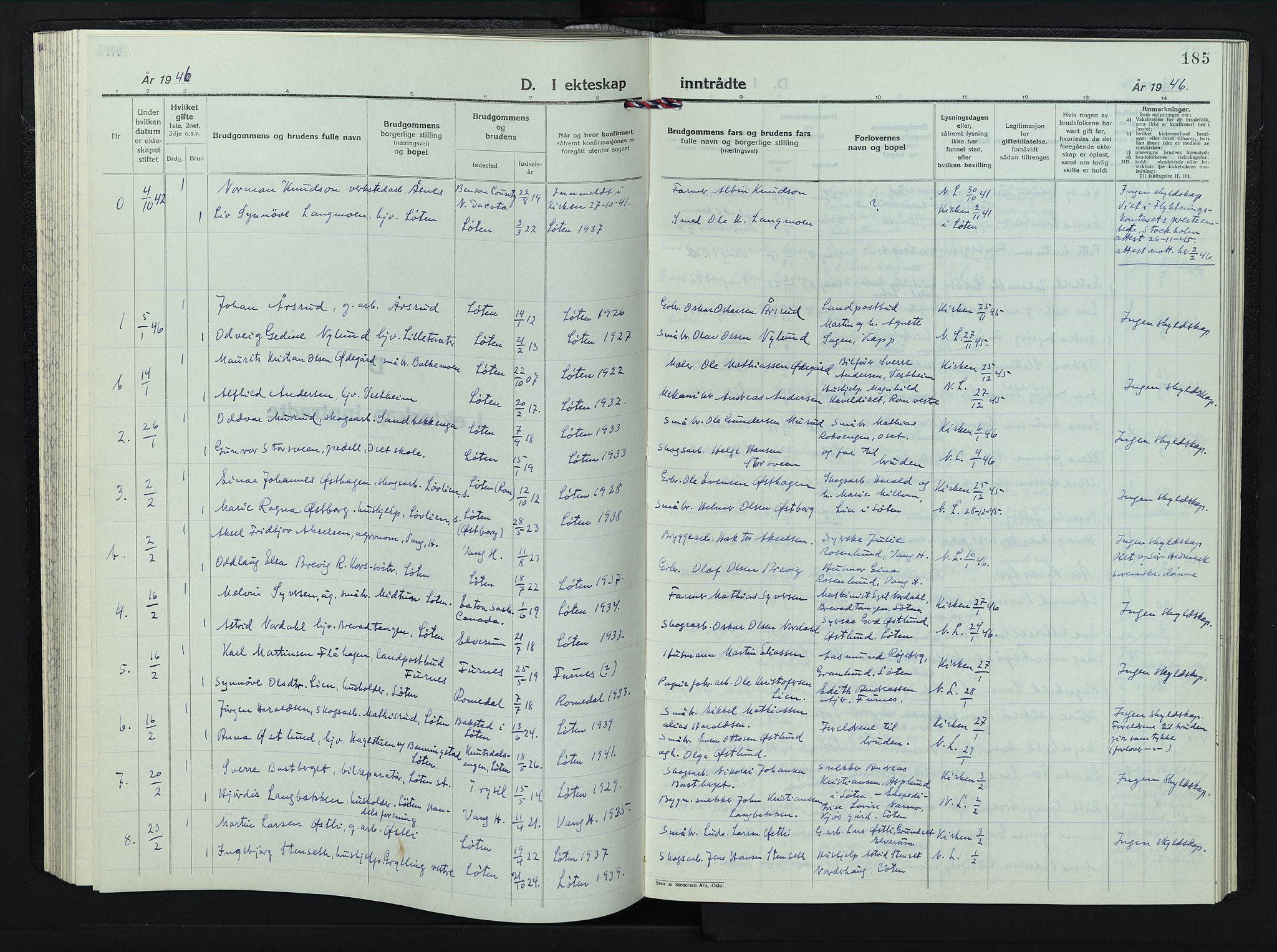 Løten prestekontor, SAH/PREST-022/L/La/L0011: Klokkerbok nr. 11, 1946-1953, s. 185