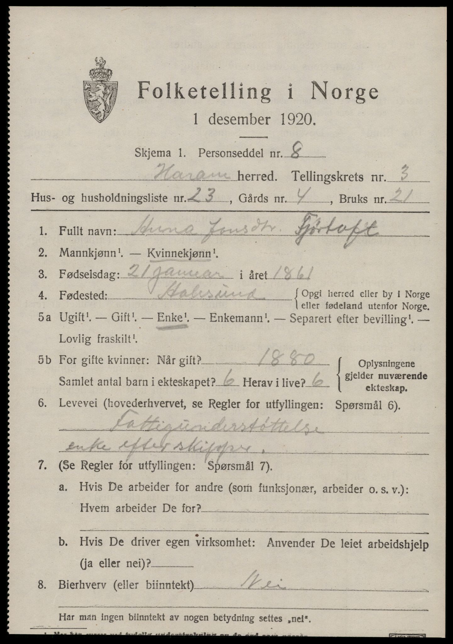 SAT, Folketelling 1920 for 1534 Haram herred, 1920, s. 2215
