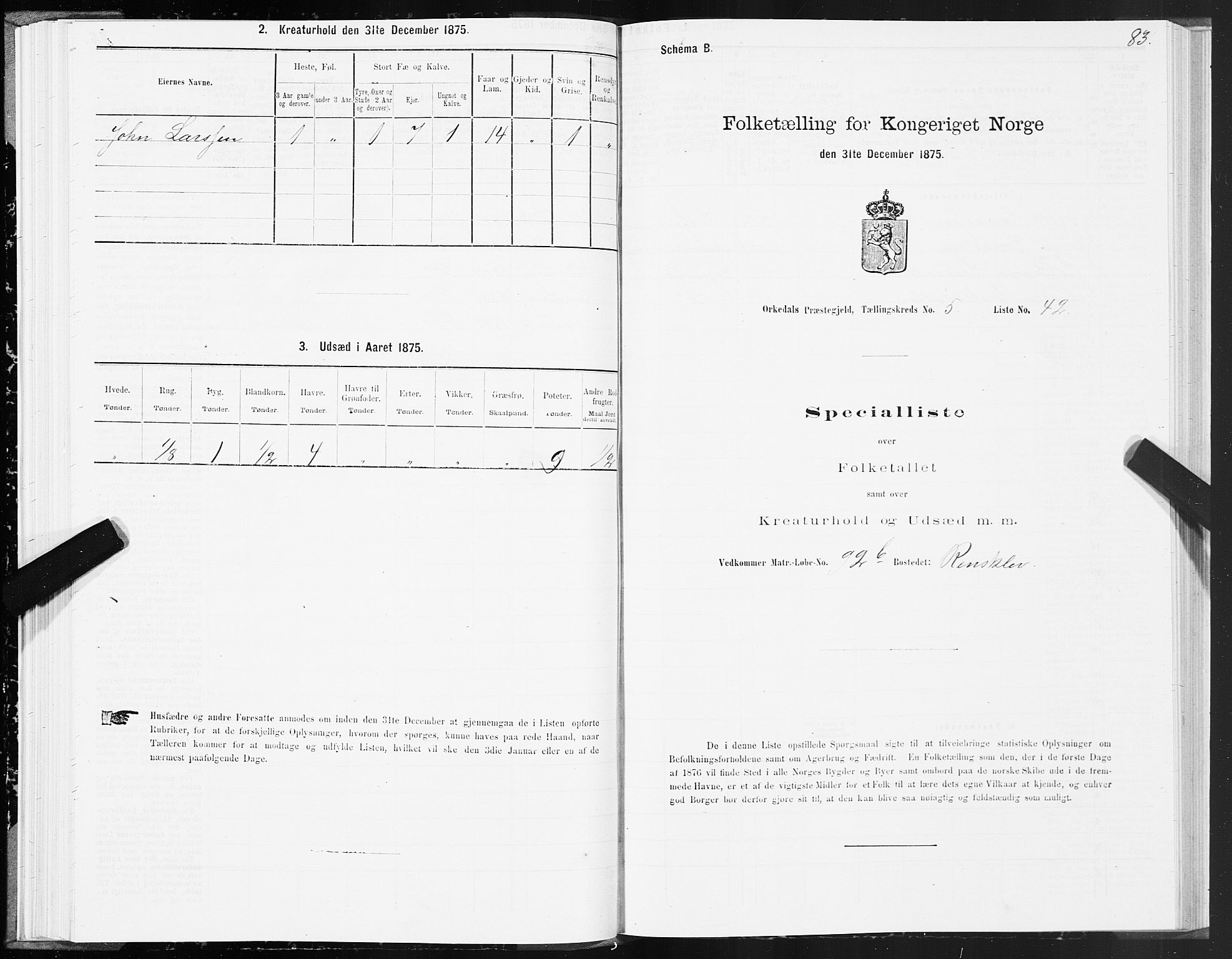 SAT, Folketelling 1875 for 1638P Orkdal prestegjeld, 1875, s. 3083