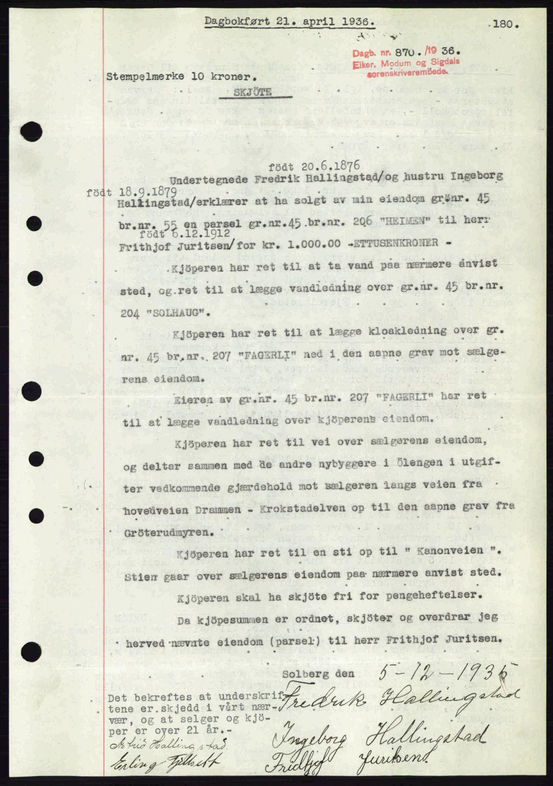 Eiker, Modum og Sigdal sorenskriveri, SAKO/A-123/G/Ga/Gab/L0032: Pantebok nr. A2, 1936-1936, Dagboknr: 870/1936