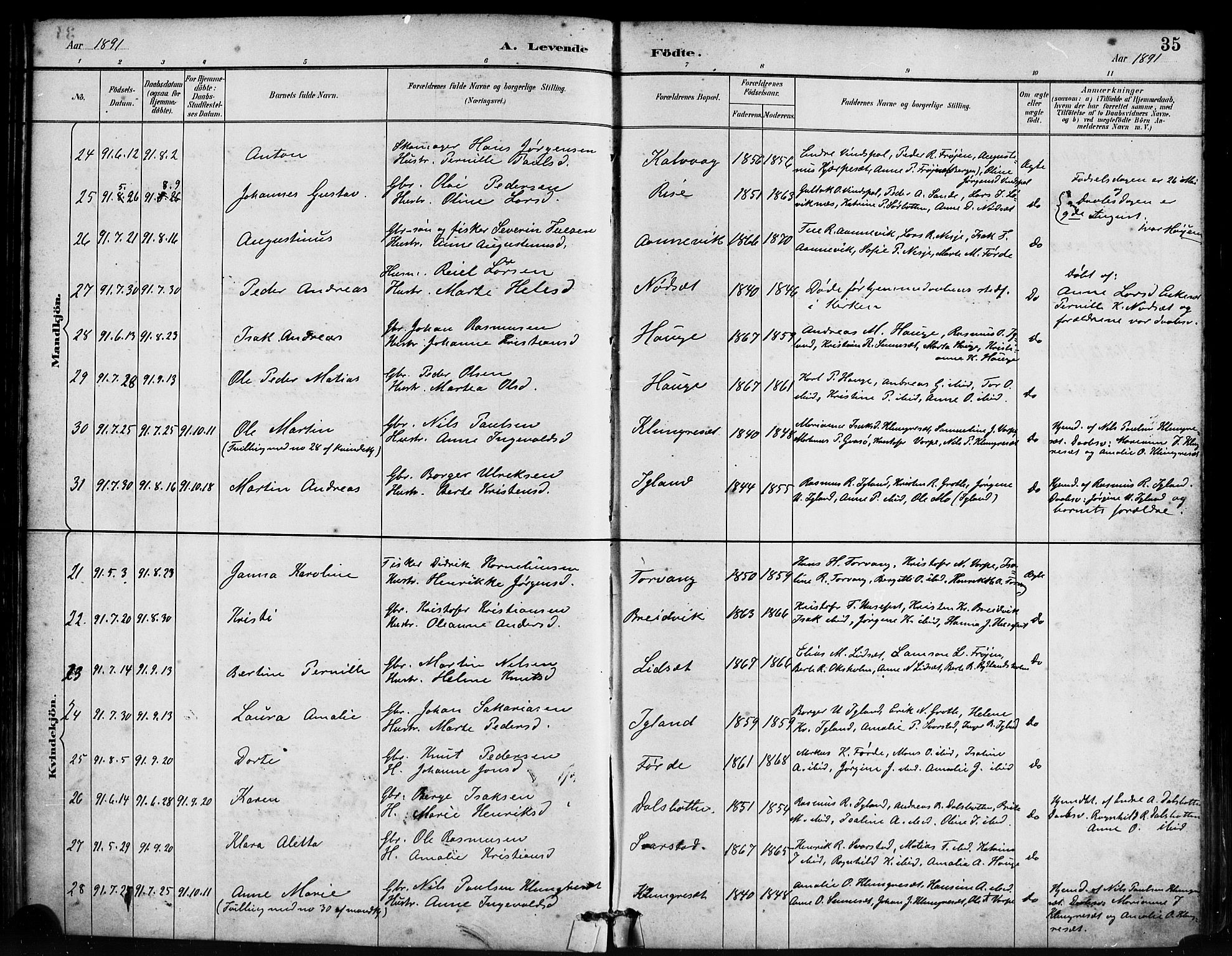 Bremanger sokneprestembete, AV/SAB-A-82201/H/Haa/Haab/L0001: Ministerialbok nr. B 1, 1884-1895, s. 35