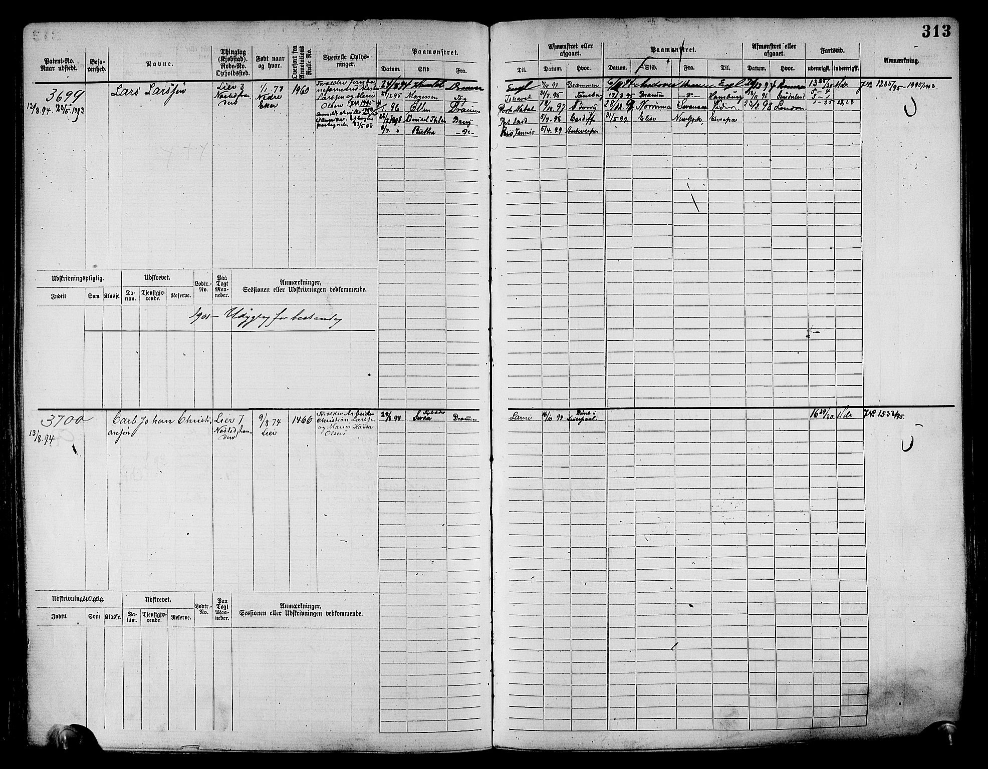 Drammen innrulleringsdistrikt, AV/SAKO-A-781/F/Fc/L0004: Hovedrulle, 1885, s. 319