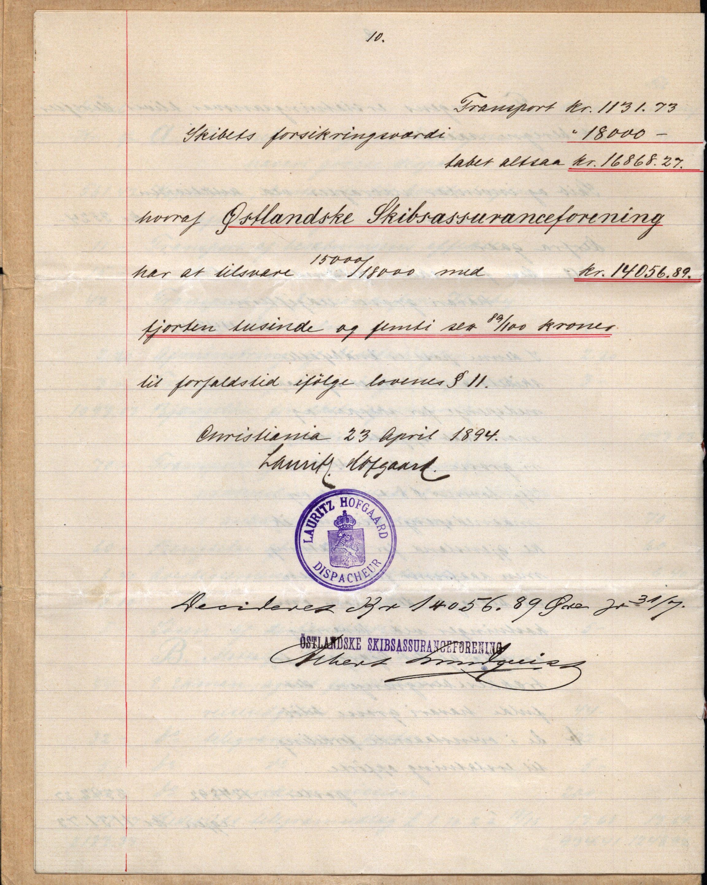 Pa 63 - Østlandske skibsassuranceforening, VEMU/A-1079/G/Ga/L0029/0009: Havaridokumenter / Anette, Agathe, Agra, Buffalo, 1893, s. 24