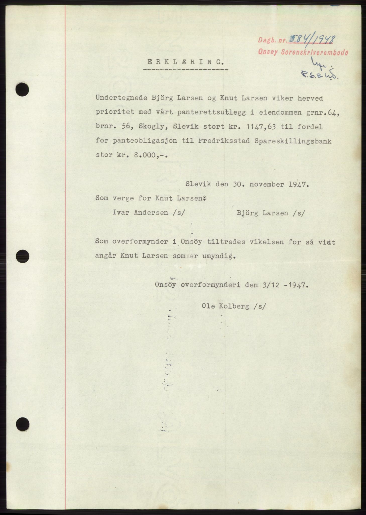 Onsøy sorenskriveri, SAO/A-10474/G/Ga/Gac/L0006: Pantebok nr. B 12-6, 1947-1948, Dagboknr: 584/1948