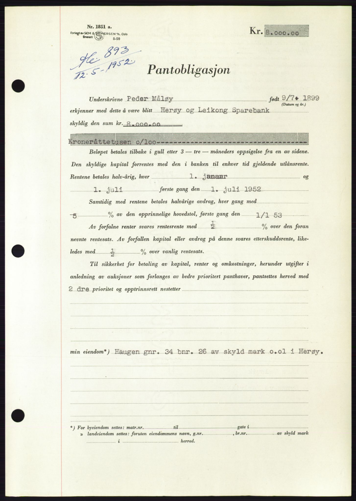 Søre Sunnmøre sorenskriveri, AV/SAT-A-4122/1/2/2C/L0121: Pantebok nr. 9B, 1951-1952, Dagboknr: 893/1952