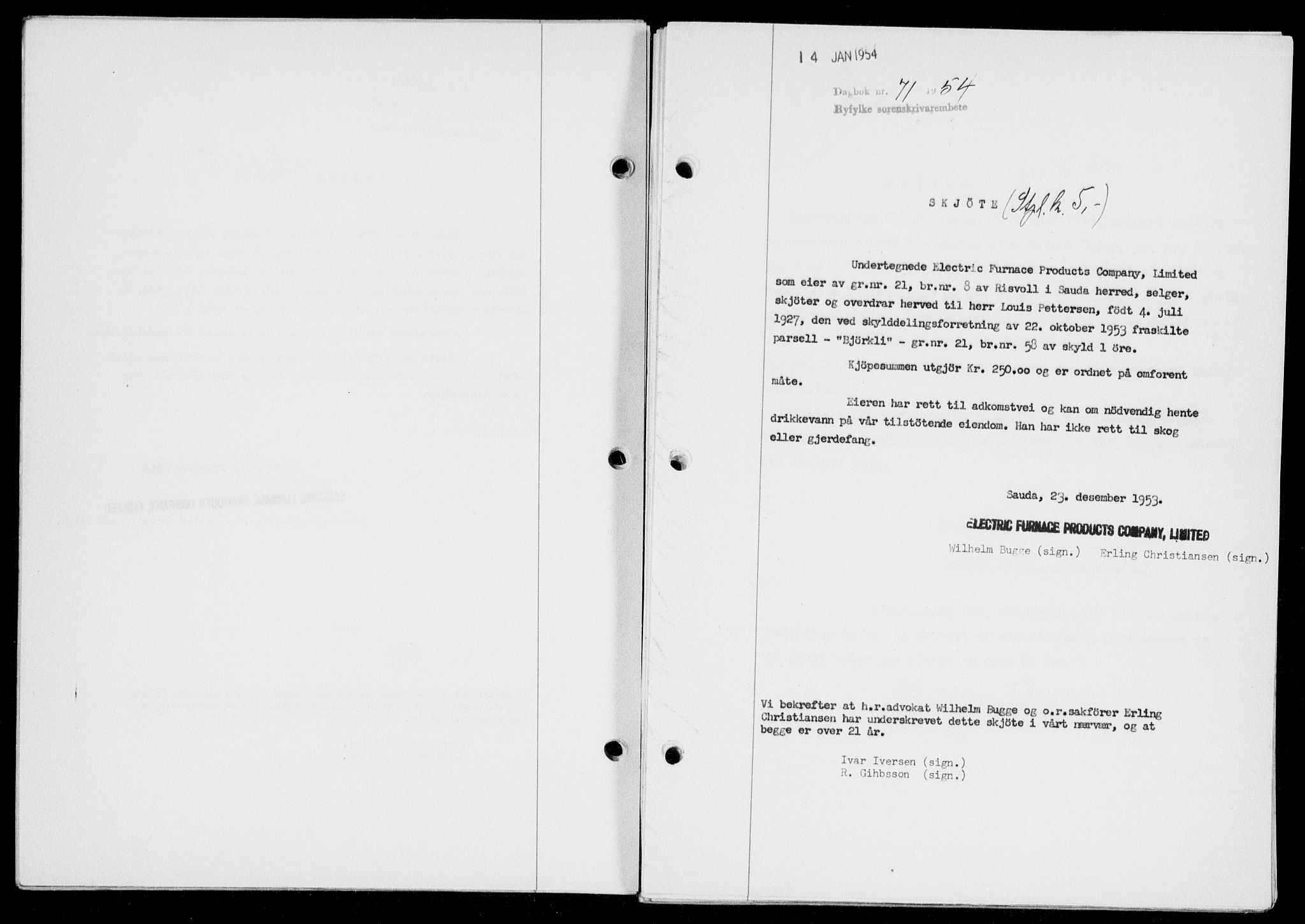 Ryfylke tingrett, SAST/A-100055/001/II/IIB/L0123: Pantebok nr. 102, 1953-1954, Dagboknr: 71/1954
