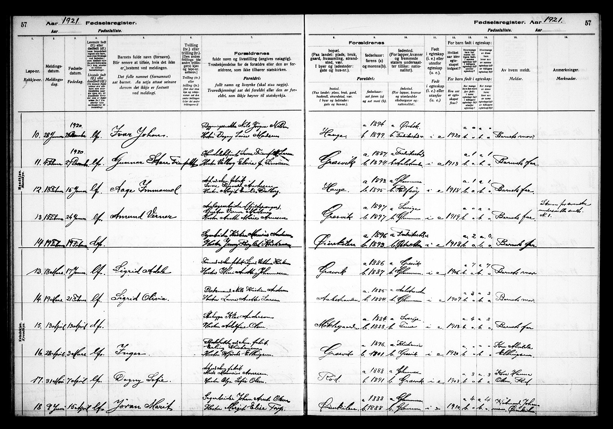 Onsøy prestekontor Kirkebøker, AV/SAO-A-10914/J/Jb/L0001: Fødselsregister nr. II 1, 1916-1938, s. 57