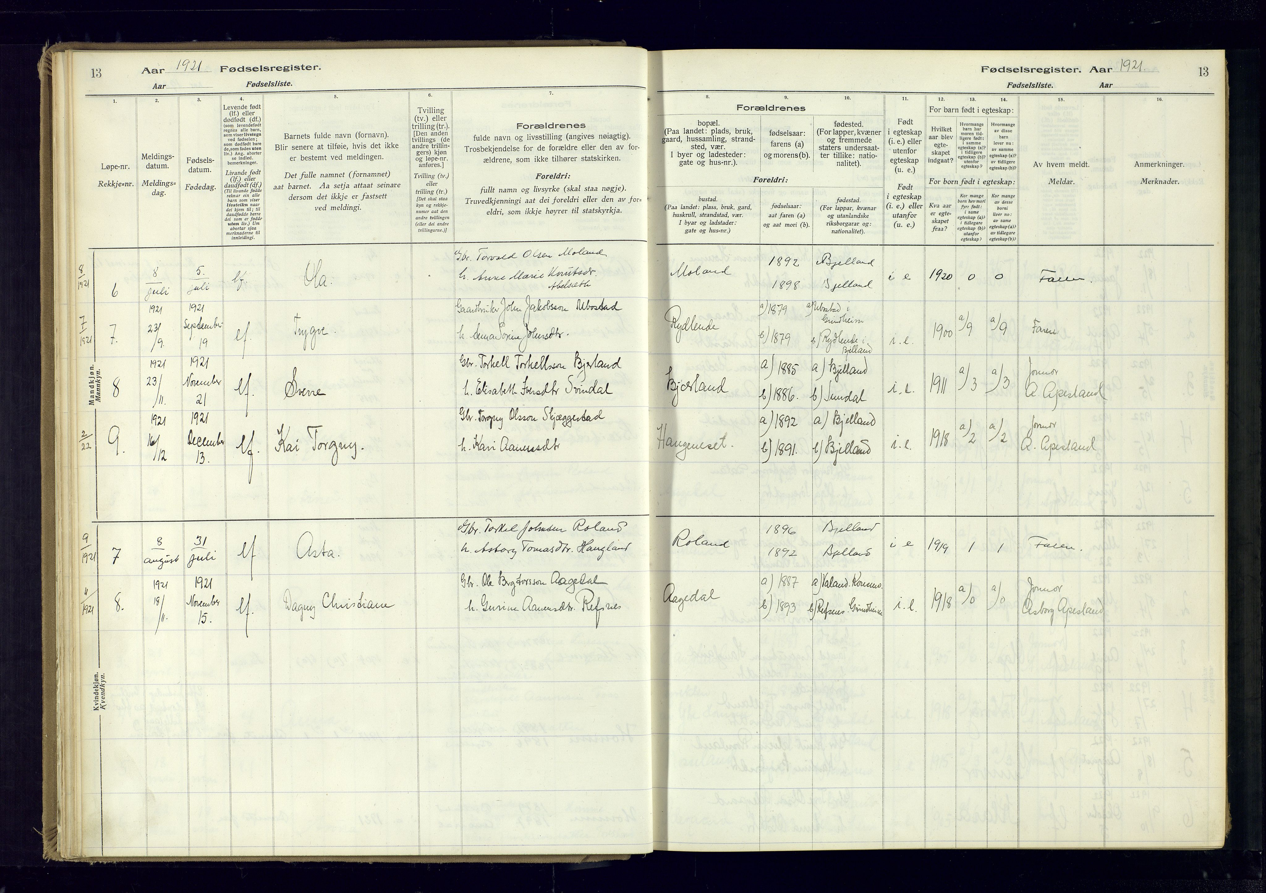 Bjelland sokneprestkontor, AV/SAK-1111-0005/J/Ja/L0001: Fødselsregister nr. II.4.2, 1916-1982, s. 13