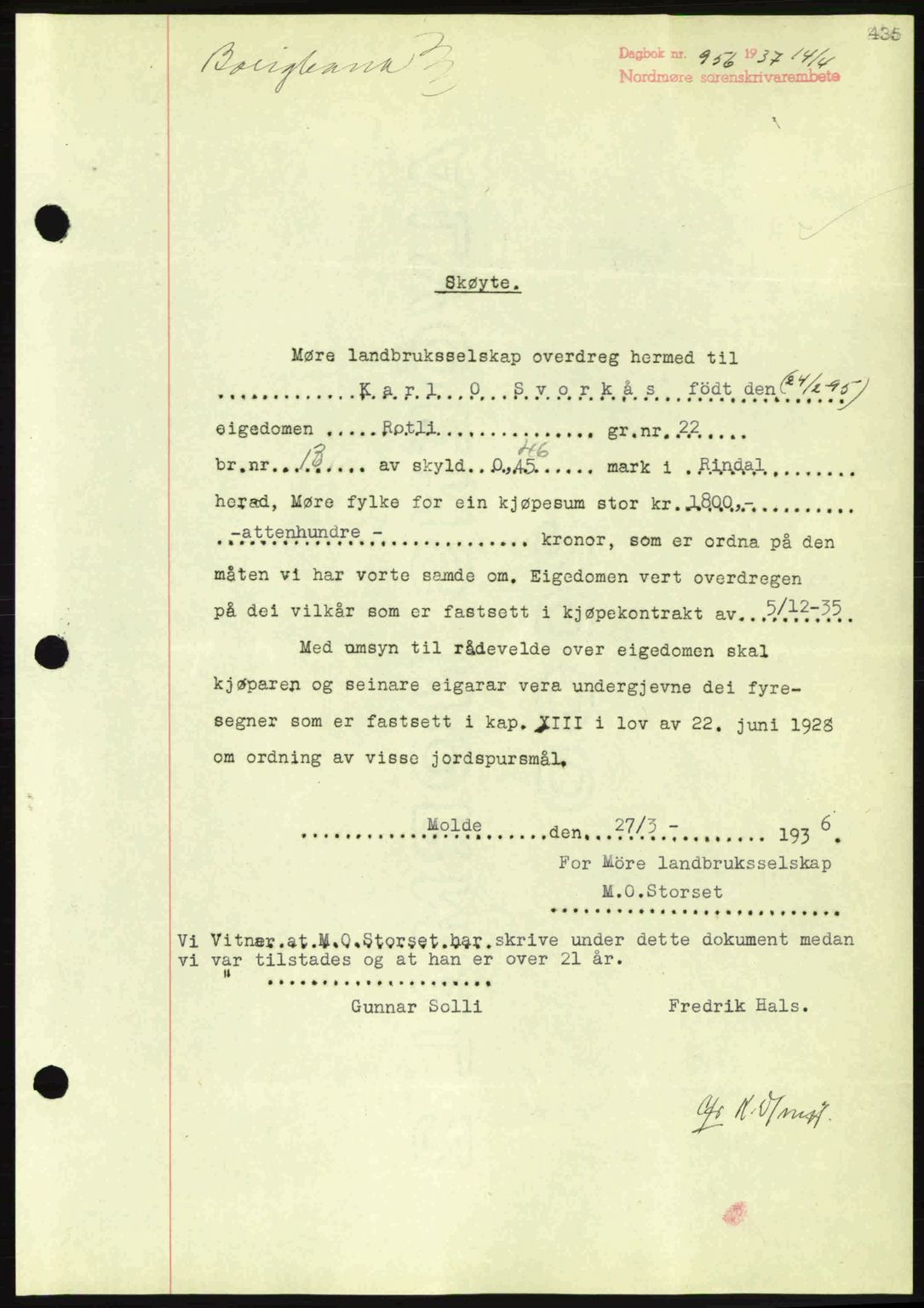 Nordmøre sorenskriveri, SAT/A-4132/1/2/2Ca: Pantebok nr. A81, 1937-1937, Dagboknr: 956/1937