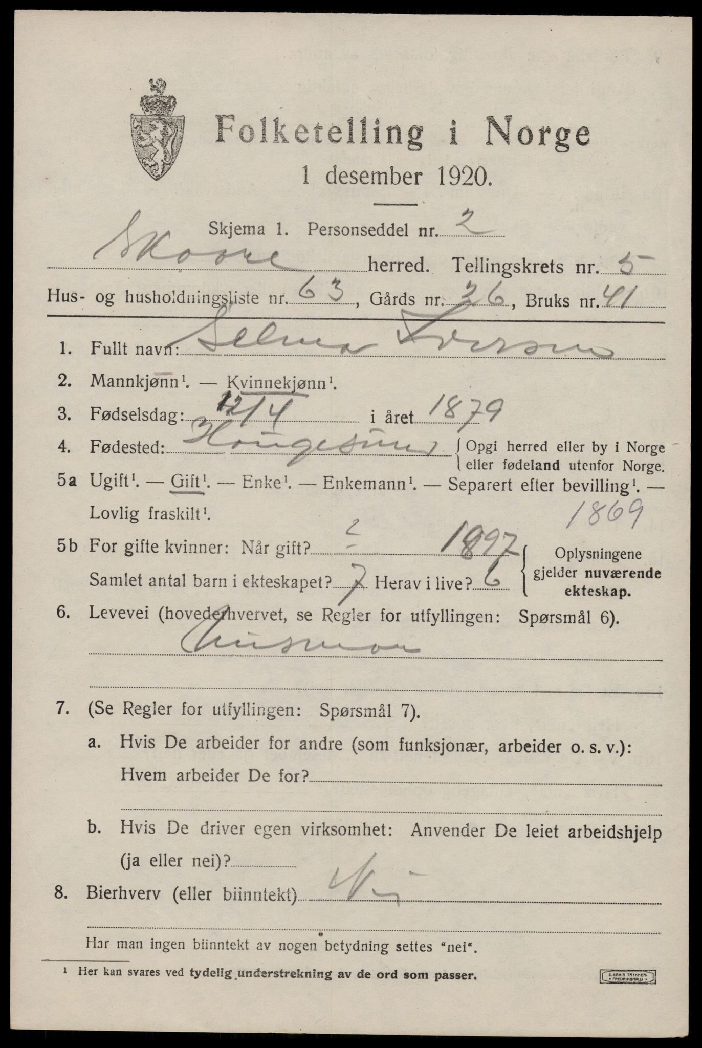 SAST, Folketelling 1920 for 1153 Skåre herred, 1920, s. 3626