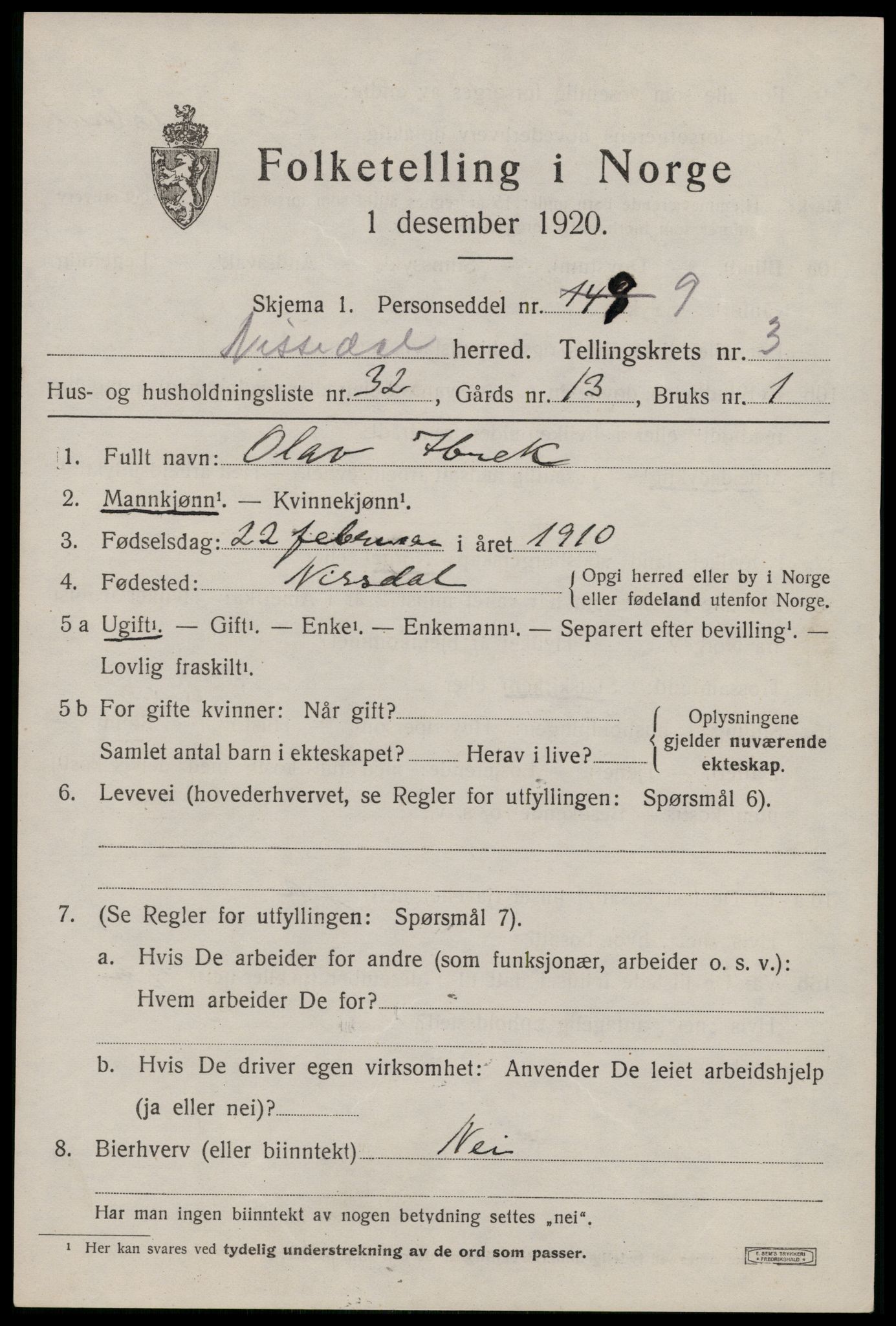 SAKO, Folketelling 1920 for 0830 Nissedal herred, 1920, s. 1793