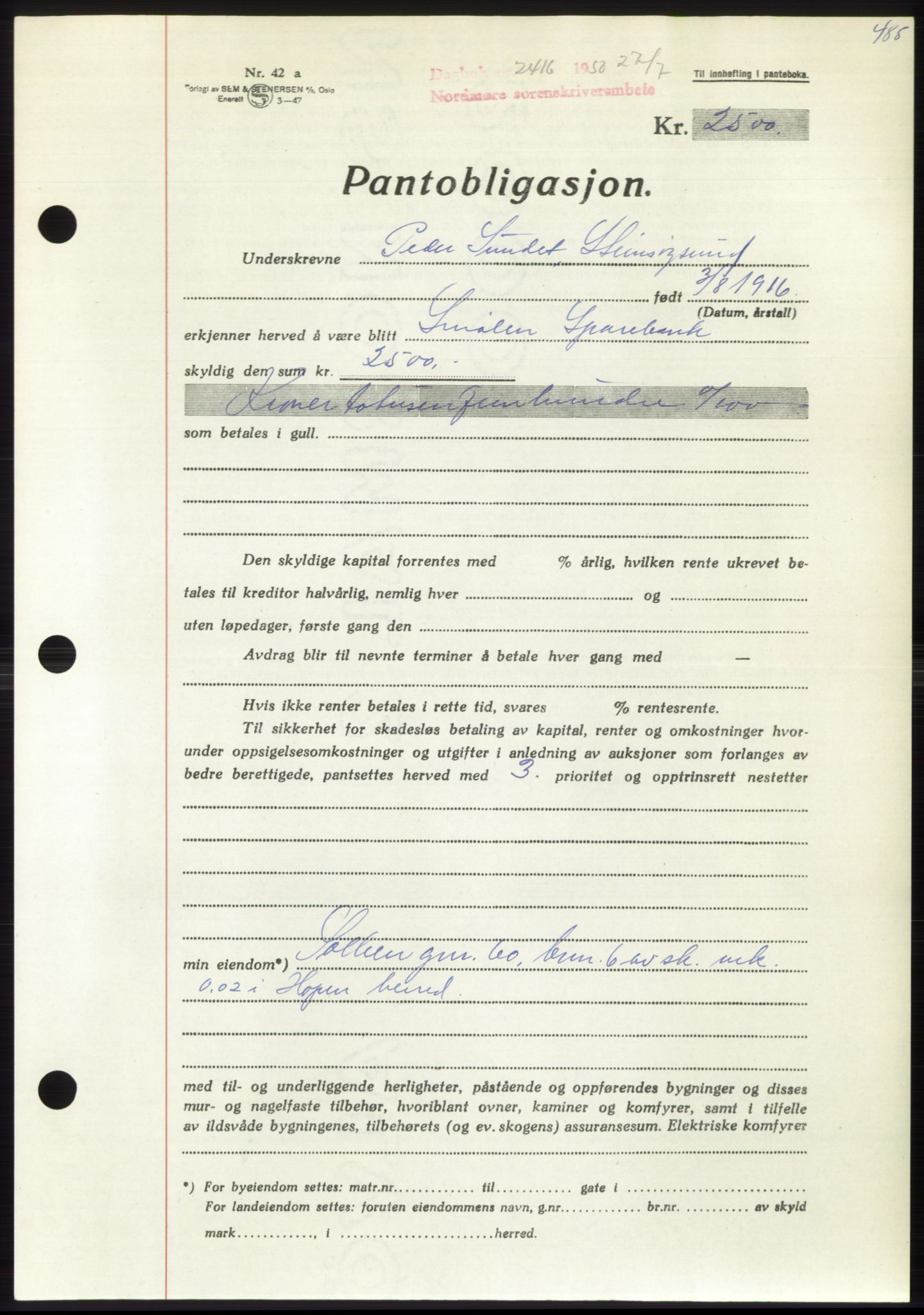 Nordmøre sorenskriveri, AV/SAT-A-4132/1/2/2Ca: Pantebok nr. B105, 1950-1950, Dagboknr: 2416/1950