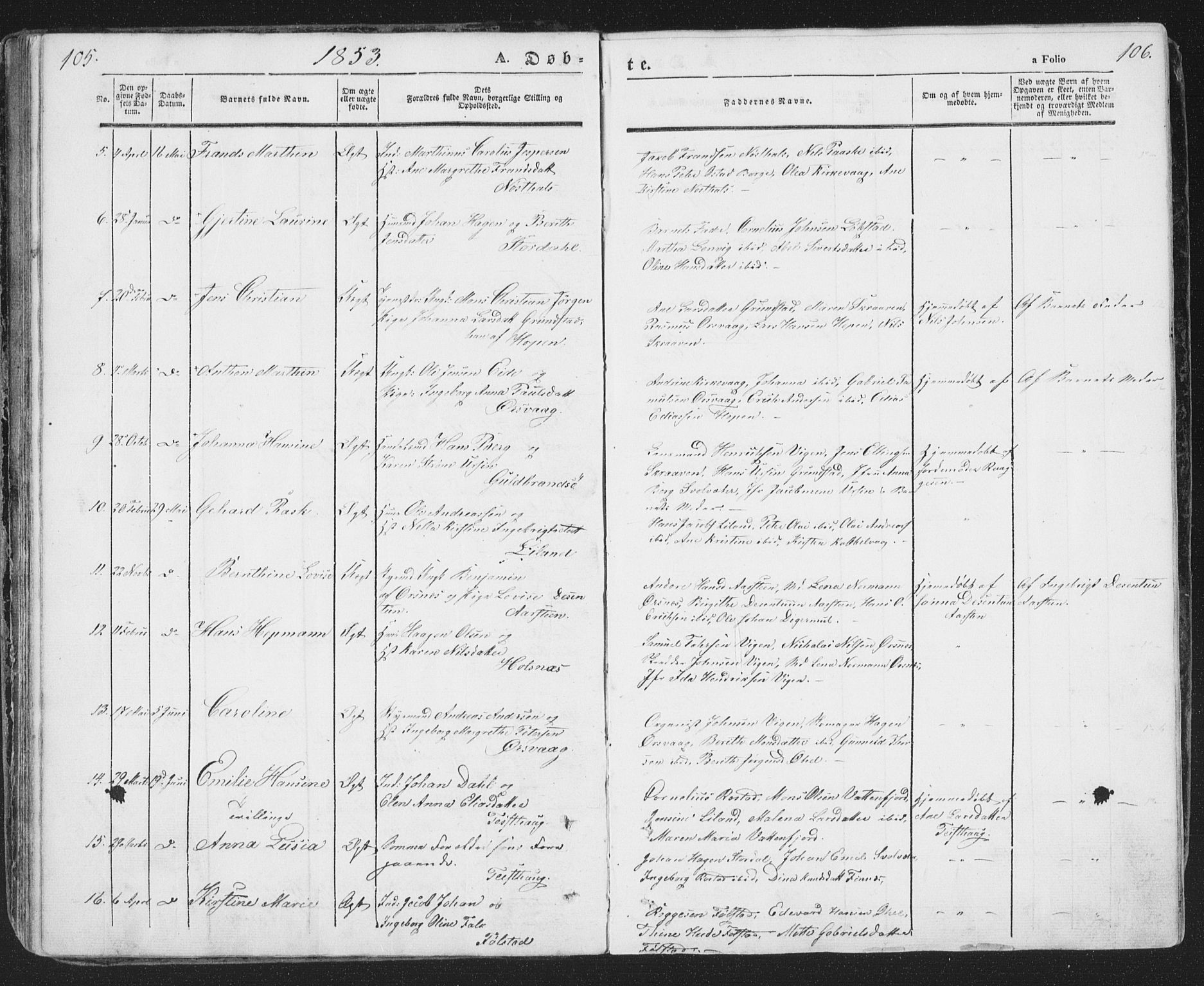 Ministerialprotokoller, klokkerbøker og fødselsregistre - Nordland, AV/SAT-A-1459/874/L1072: Klokkerbok nr. 874C01, 1843-1859, s. 105-106