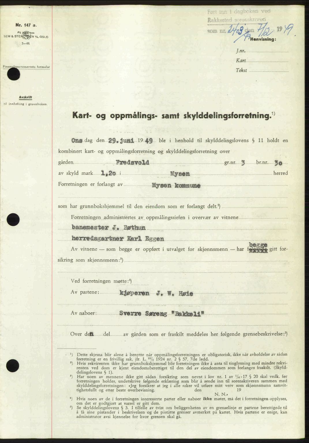 Rakkestad sorenskriveri, SAO/A-10686/G/Gb/Gba/Gbab/L0019: Pantebok nr. A19, 1949-1950, Dagboknr: 2403/1949