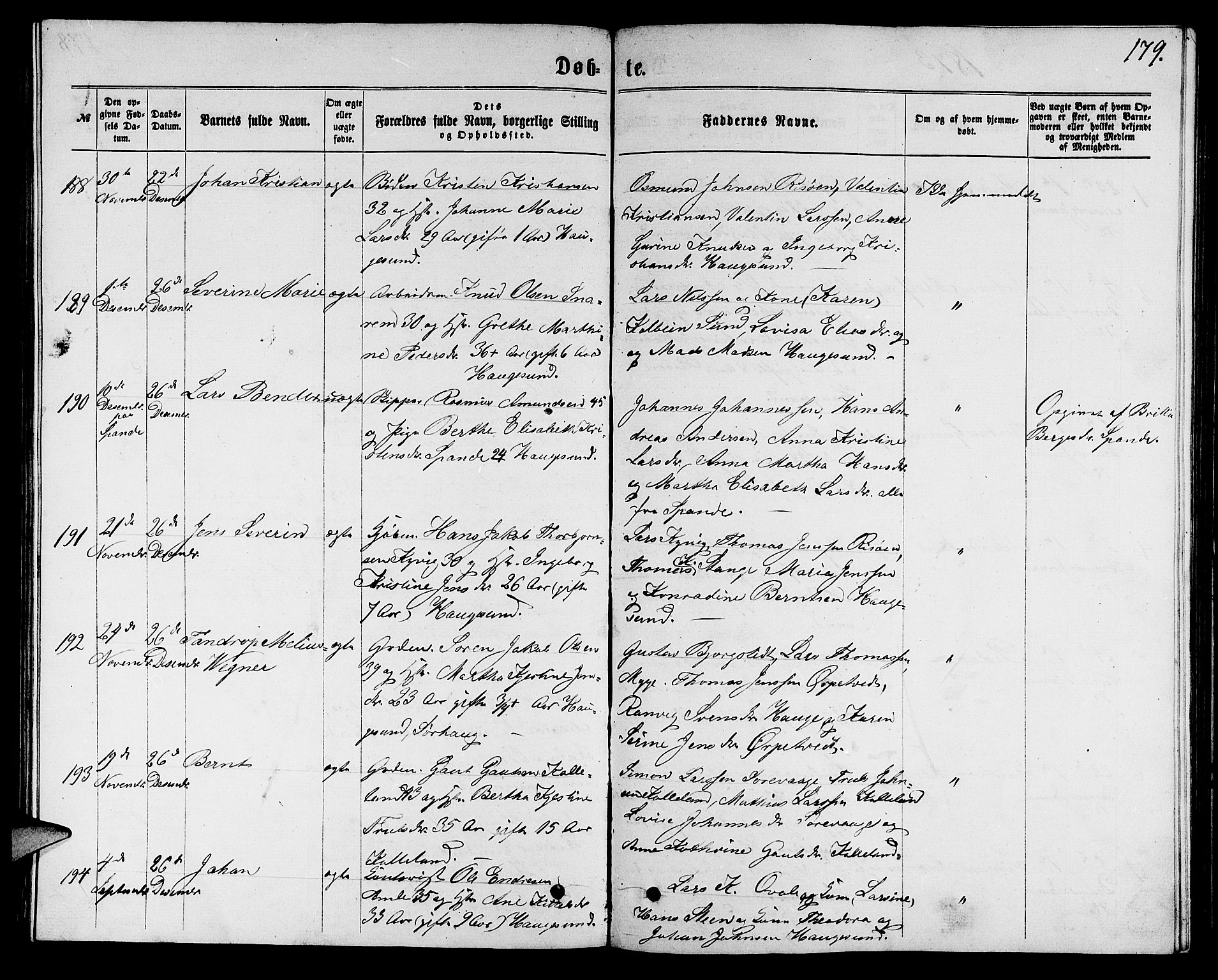 Torvastad sokneprestkontor, SAST/A -101857/H/Ha/Hab/L0007: Klokkerbok nr. B 7, 1866-1873, s. 179