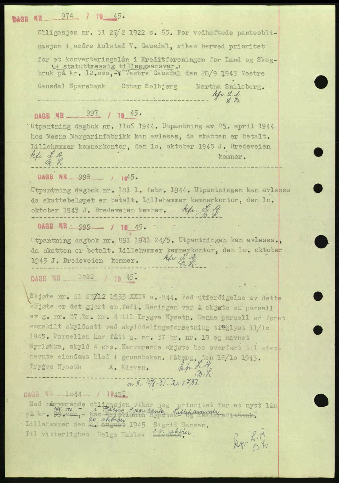 Sør-Gudbrandsdal tingrett, SAH/TING-004/H/Hb/Hbf/L0003: Pantebok nr. C5a, 1939-1946, Dagboknr: 974/1945