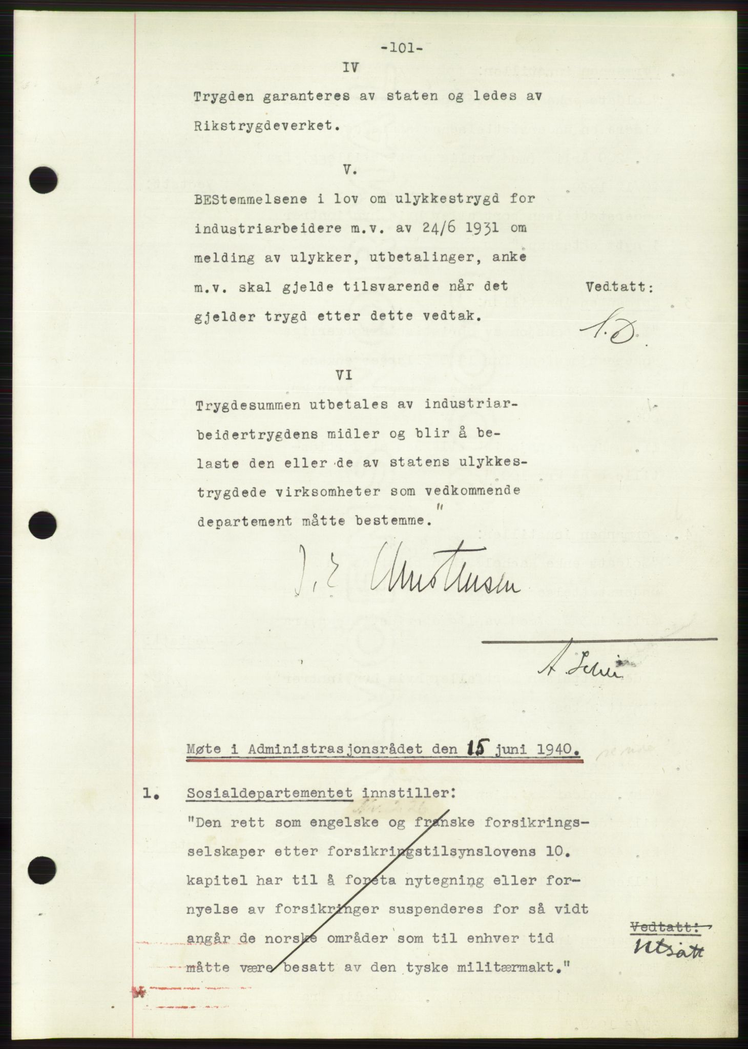 Administrasjonsrådet, RA/S-1004/A/L0002: Vedtaksprotokoll 16/4-25/9, 1940, s. 105
