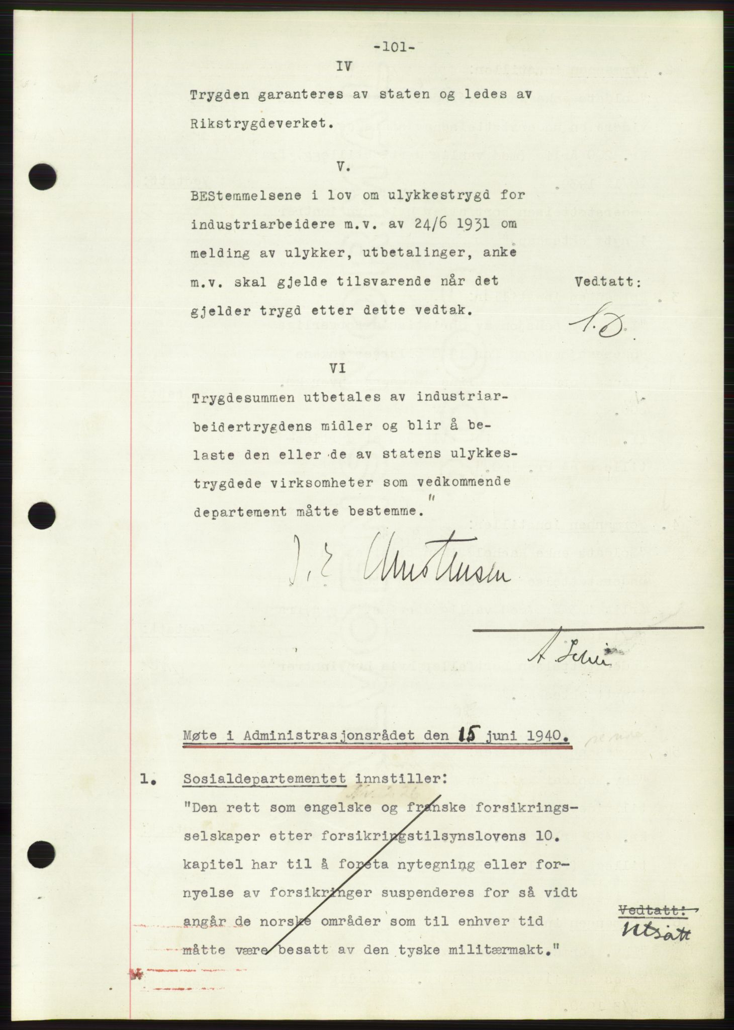 Administrasjonsrådet, AV/RA-S-1004/A/L0002: Vedtaksprotokoll 16/4-25/9, 1940, s. 105