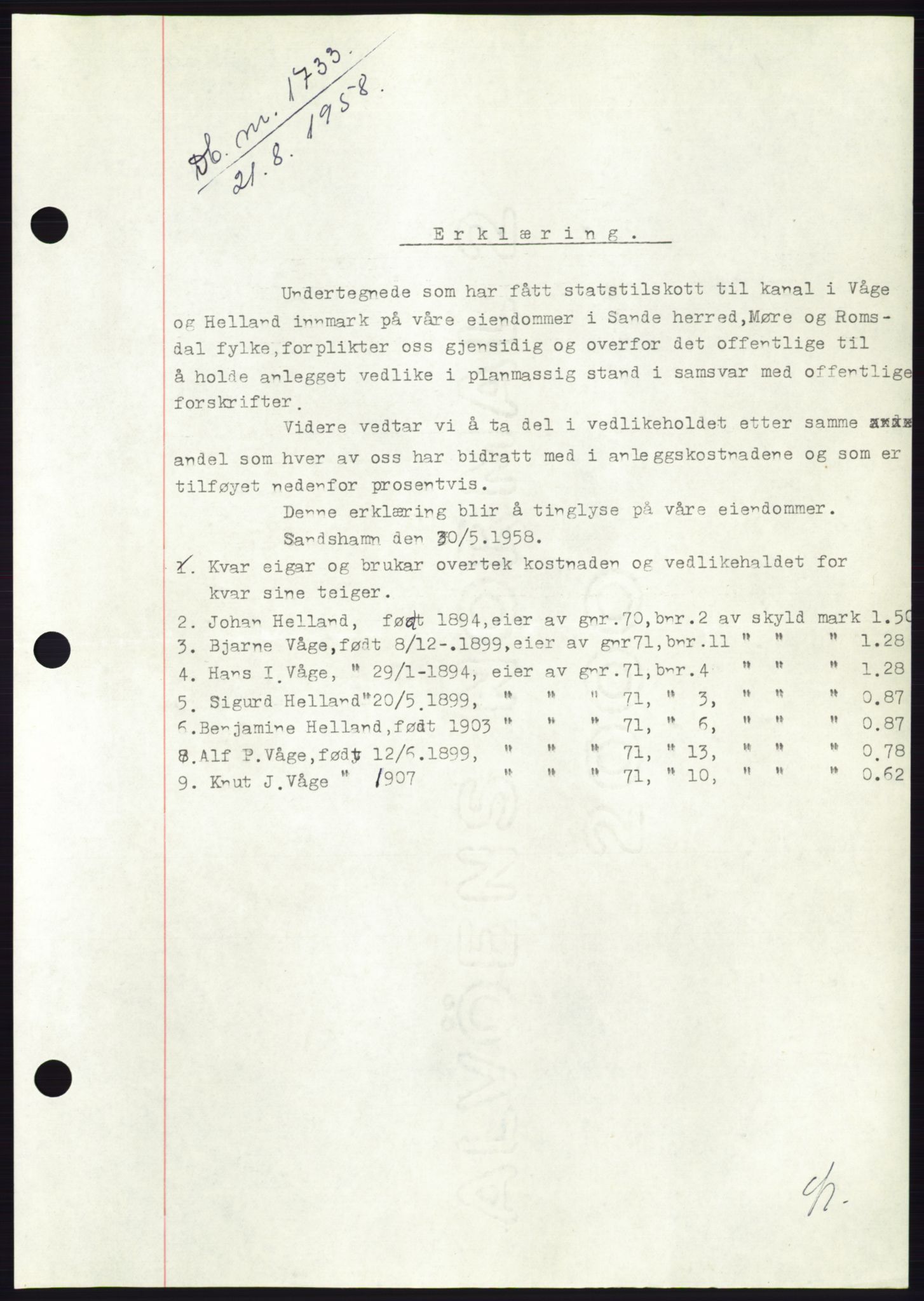 Søre Sunnmøre sorenskriveri, AV/SAT-A-4122/1/2/2C/L0110: Pantebok nr. 36A, 1958-1958, Dagboknr: 1733/1958