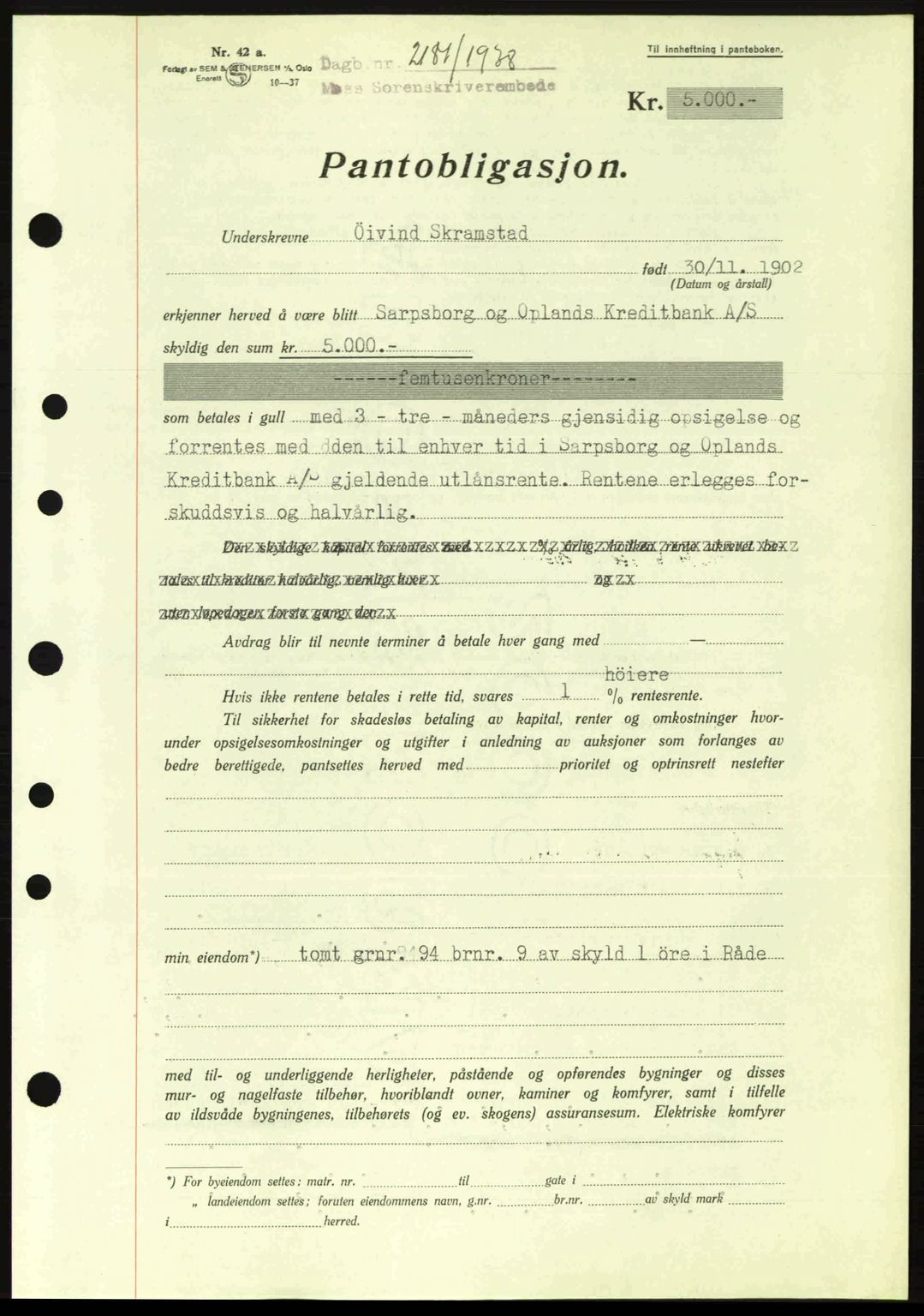 Moss sorenskriveri, SAO/A-10168: Pantebok nr. B6, 1938-1938, Dagboknr: 2181/1938