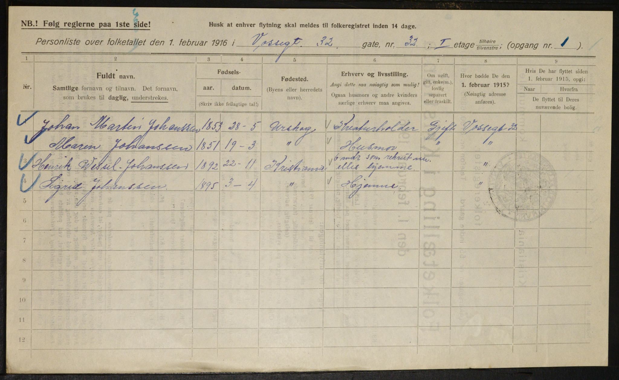 OBA, Kommunal folketelling 1.2.1916 for Kristiania, 1916, s. 129199