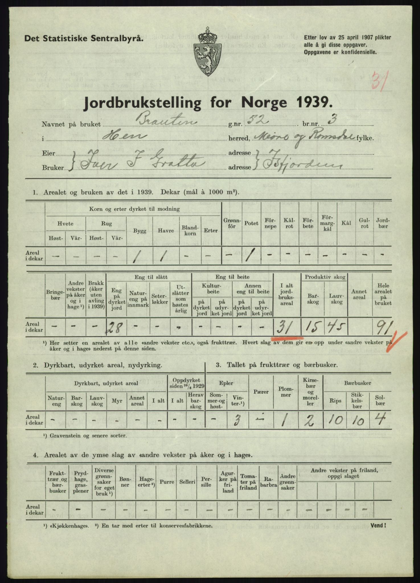 Statistisk sentralbyrå, Næringsøkonomiske emner, Jordbruk, skogbruk, jakt, fiske og fangst, AV/RA-S-2234/G/Gb/L0251: Møre og Romsdal: Voll, Eid, Grytten og Hen, 1939, s. 1187