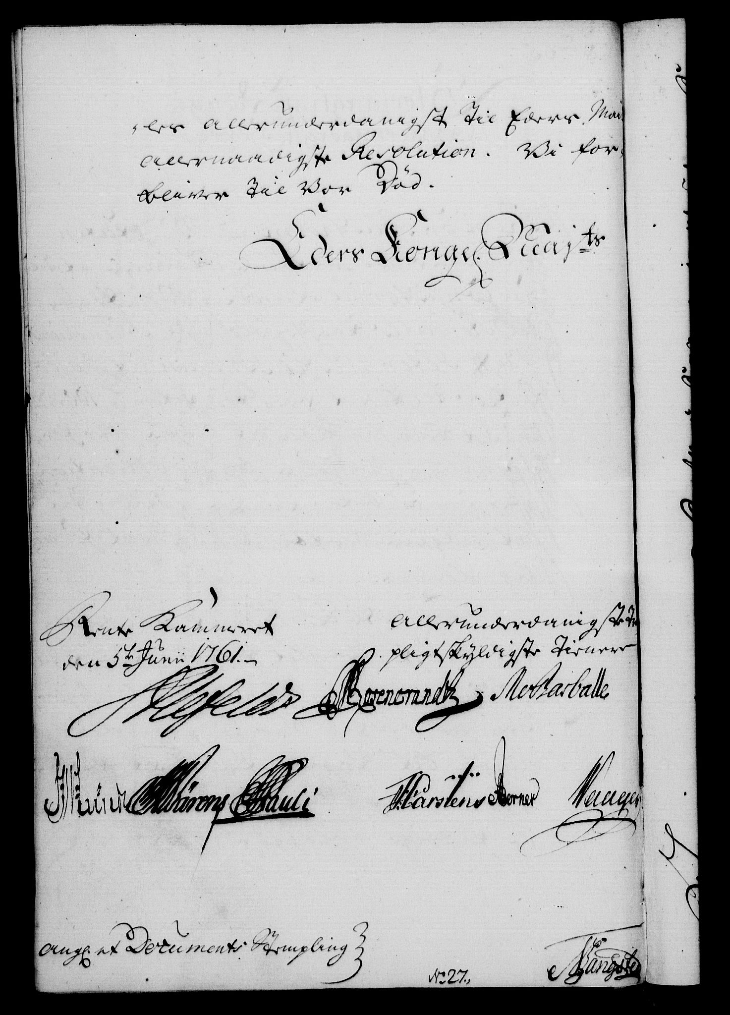 Rentekammeret, Kammerkanselliet, RA/EA-3111/G/Gf/Gfa/L0043: Norsk relasjons- og resolusjonsprotokoll (merket RK 52.43), 1761, s. 255