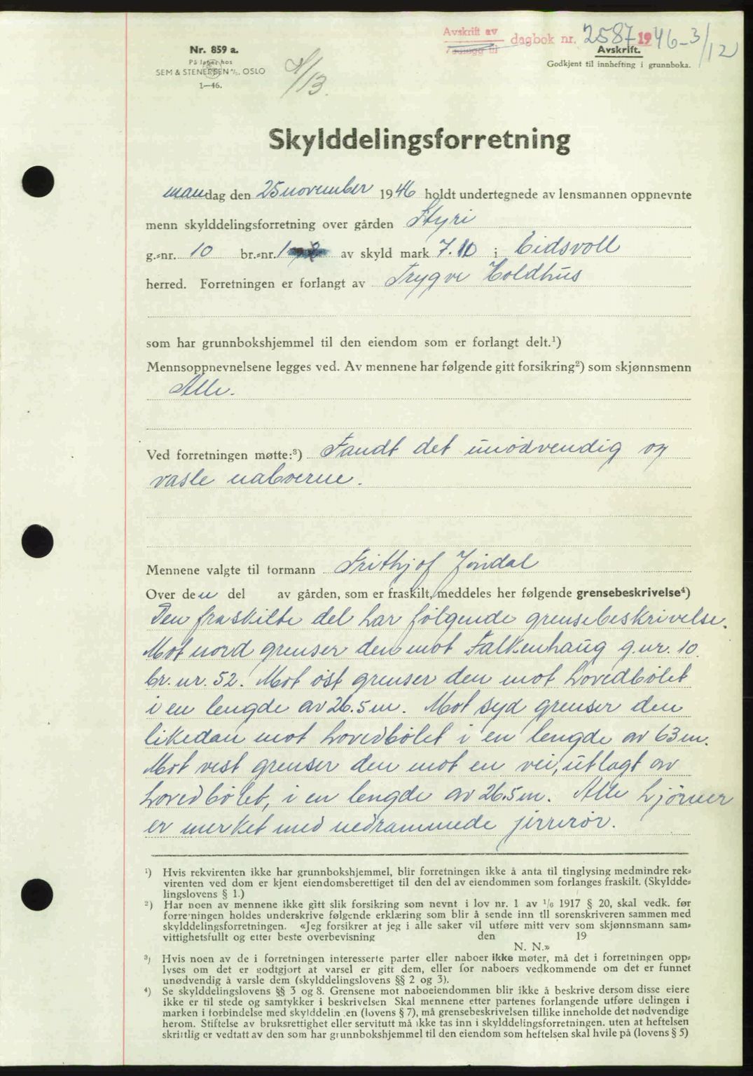 Eidsvoll tingrett, SAO/A-10371/G/Gb/Gbb/L0015: Pantebok nr. A43, 1946-1947, Dagboknr: 2587/1946