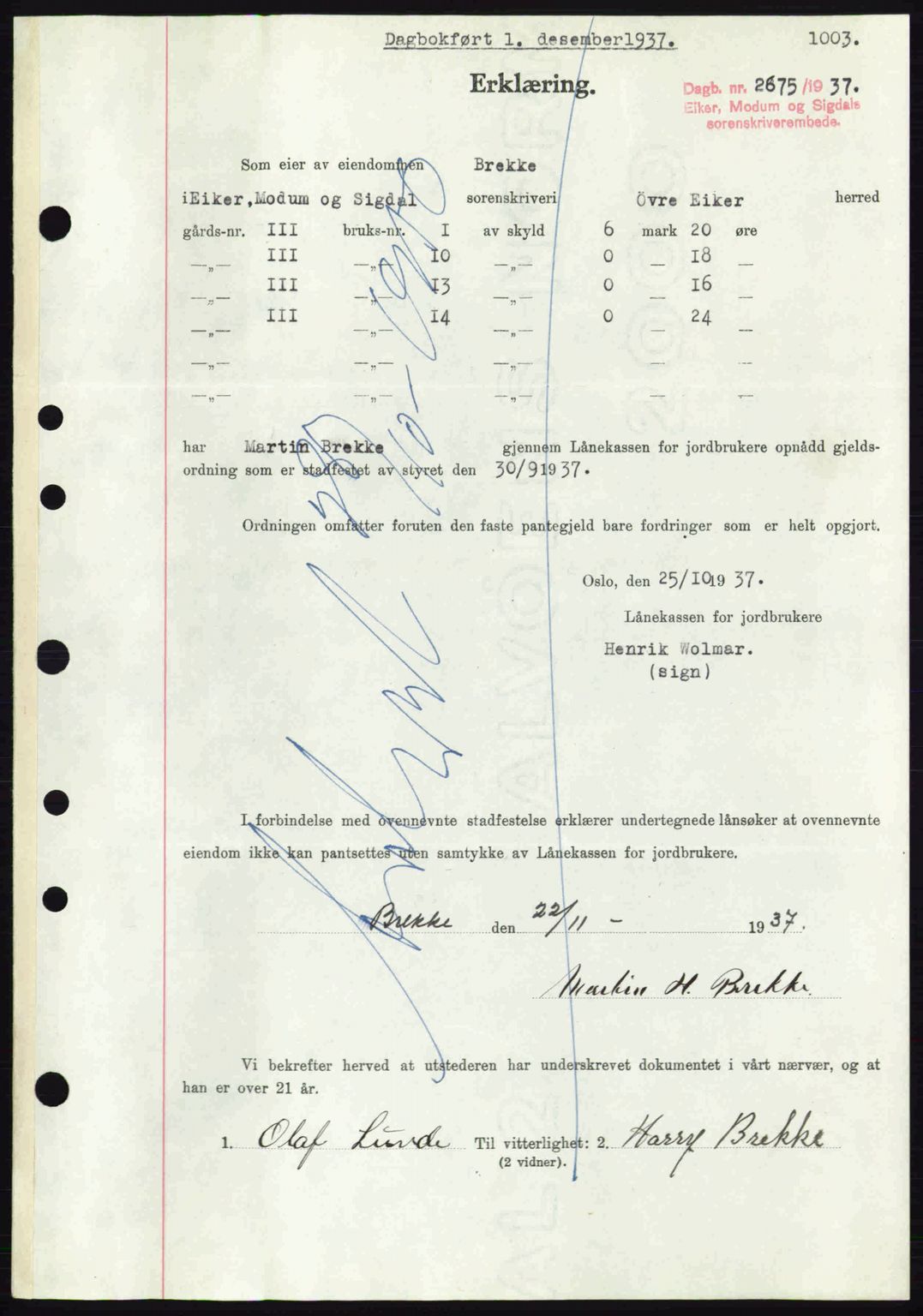 Eiker, Modum og Sigdal sorenskriveri, SAKO/A-123/G/Ga/Gab/L0036: Pantebok nr. A6, 1937-1937, Dagboknr: 2675/1937