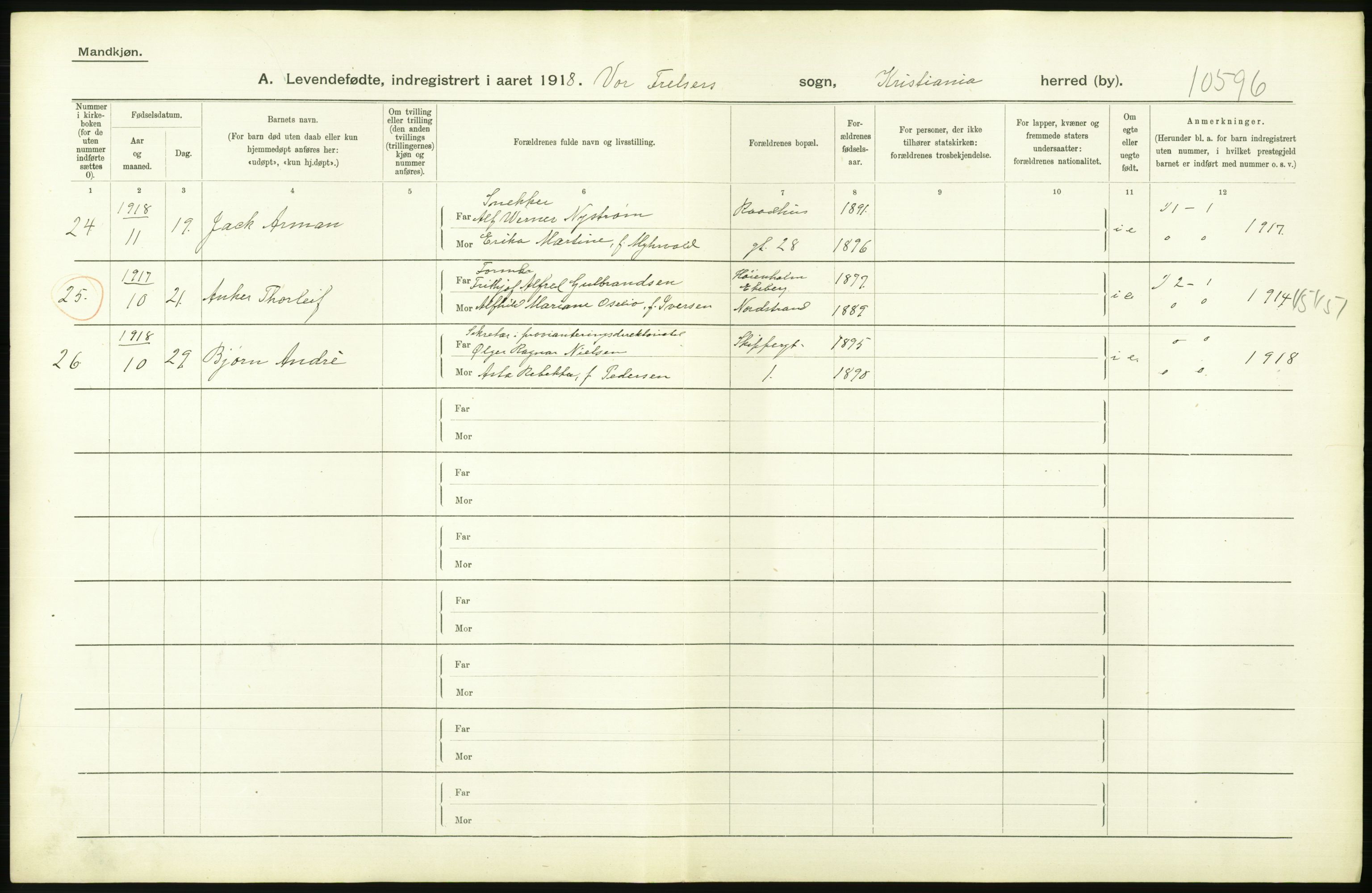 Statistisk sentralbyrå, Sosiodemografiske emner, Befolkning, AV/RA-S-2228/D/Df/Dfb/Dfbh/L0008: Kristiania: Levendefødte menn og kvinner., 1918, s. 566