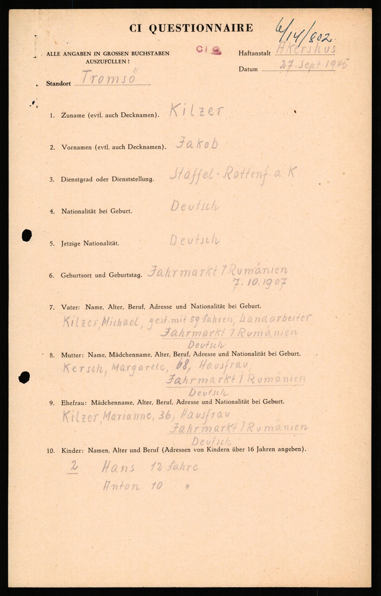 Forsvaret, Forsvarets overkommando II, AV/RA-RAFA-3915/D/Db/L0016: CI Questionaires. Tyske okkupasjonsstyrker i Norge. Tyskere., 1945-1946, s. 760