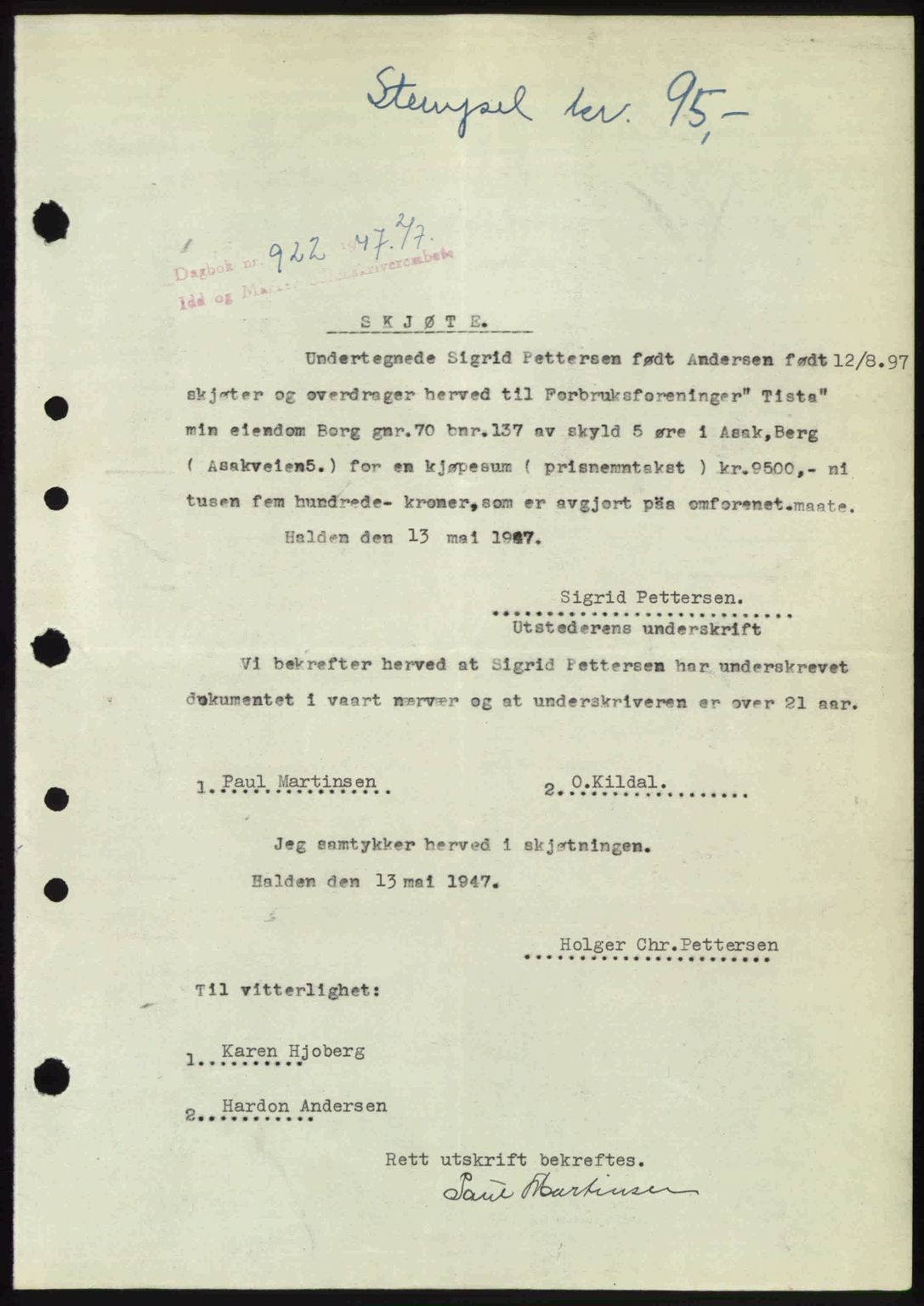 Idd og Marker sorenskriveri, SAO/A-10283/G/Gb/Gbb/L0009: Pantebok nr. A9, 1946-1947, Dagboknr: 922/1947