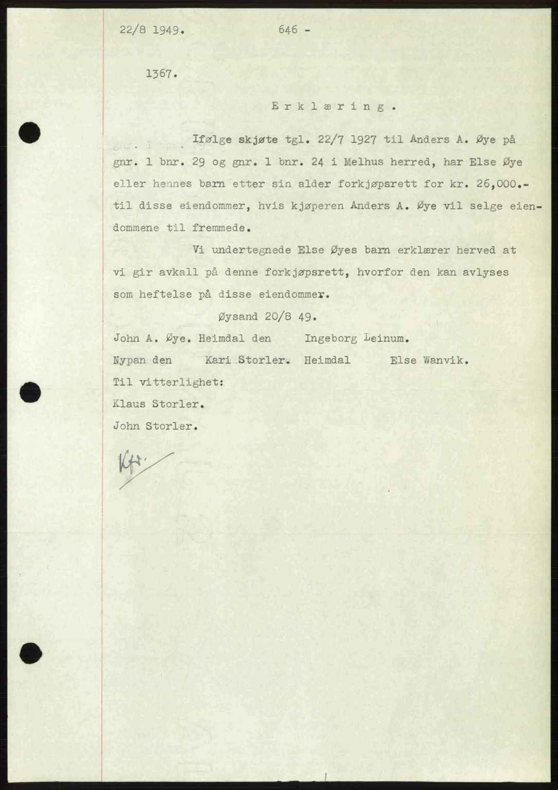 Gauldal sorenskriveri, SAT/A-0014/1/2/2C: Pantebok nr. A8, 1949-1949, Dagboknr: 1367/1949