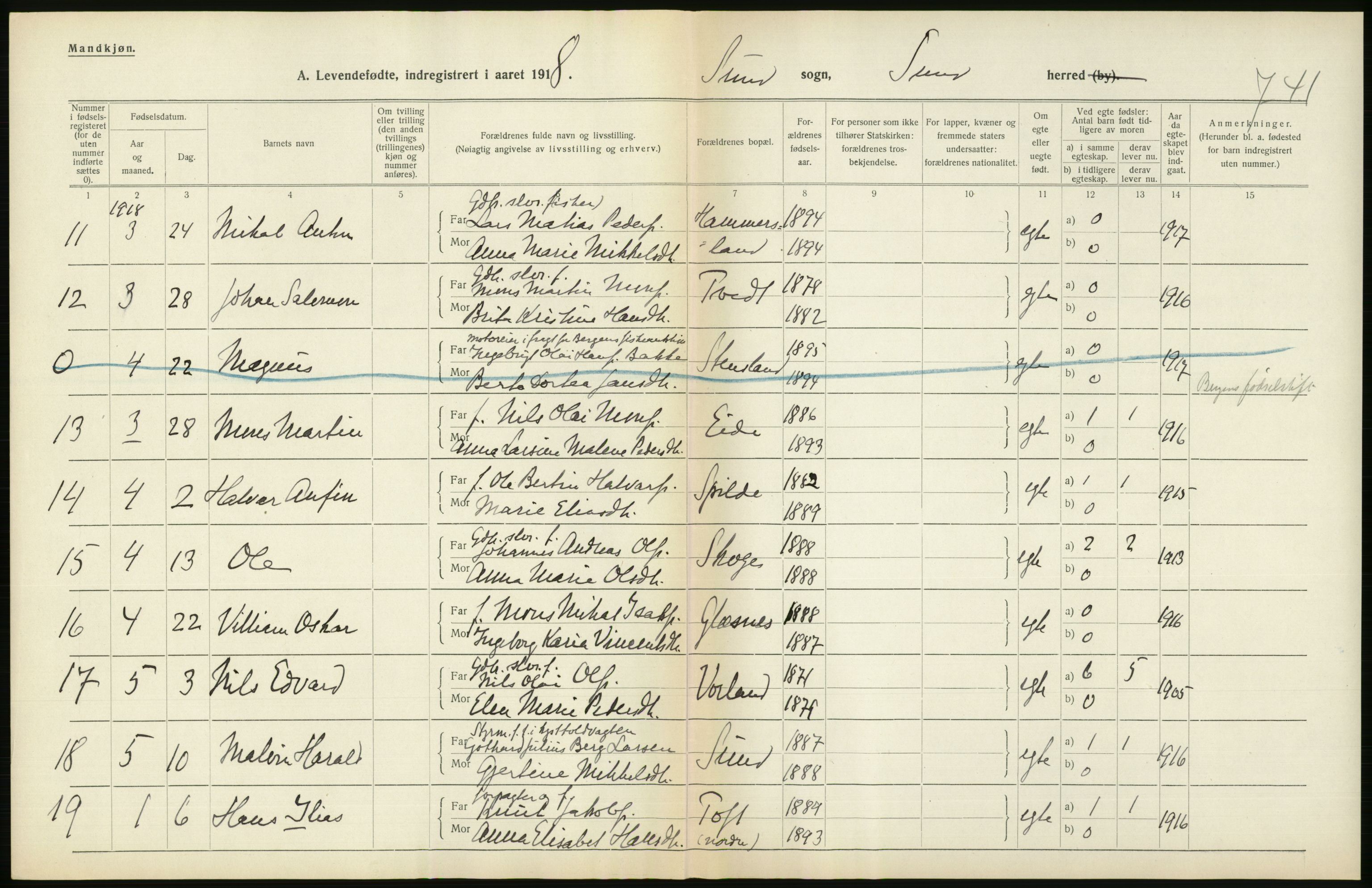 Statistisk sentralbyrå, Sosiodemografiske emner, Befolkning, RA/S-2228/D/Df/Dfb/Dfbh/L0034: Hordaland fylke: Levendefødte menn og kvinner. Bygder., 1918, s. 272