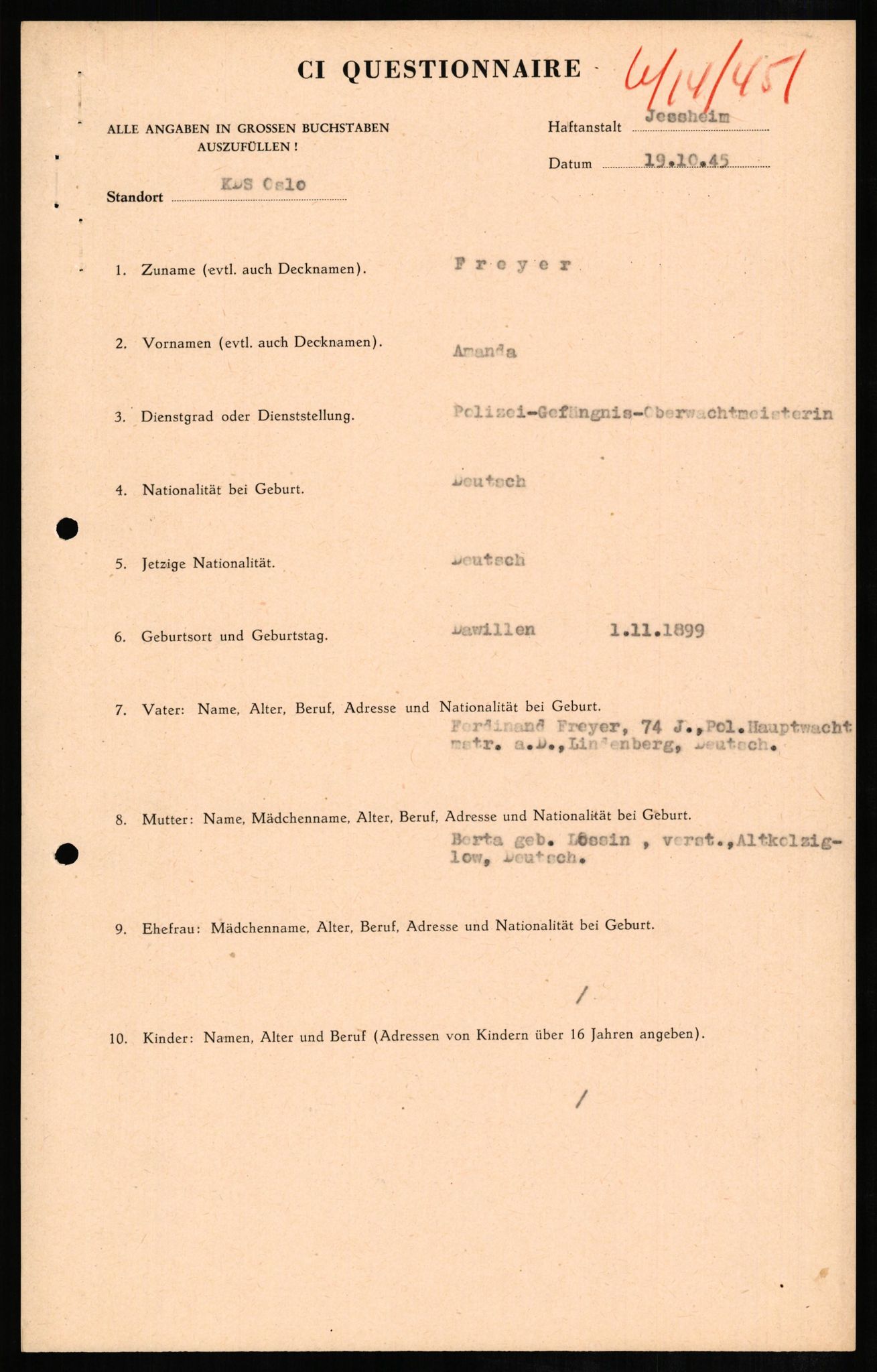 Forsvaret, Forsvarets overkommando II, AV/RA-RAFA-3915/D/Db/L0008: CI Questionaires. Tyske okkupasjonsstyrker i Norge. Tyskere., 1945-1946, s. 324