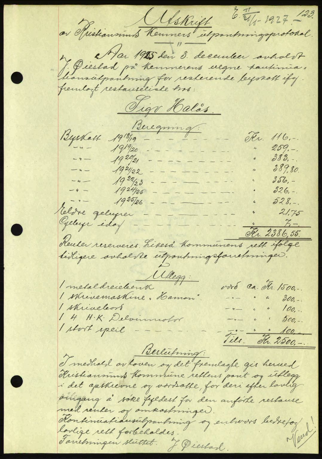 Kristiansund byfogd, AV/SAT-A-4587/A/27: Pantebok nr. 21, 1926-1928, Tingl.dato: 31.01.1927