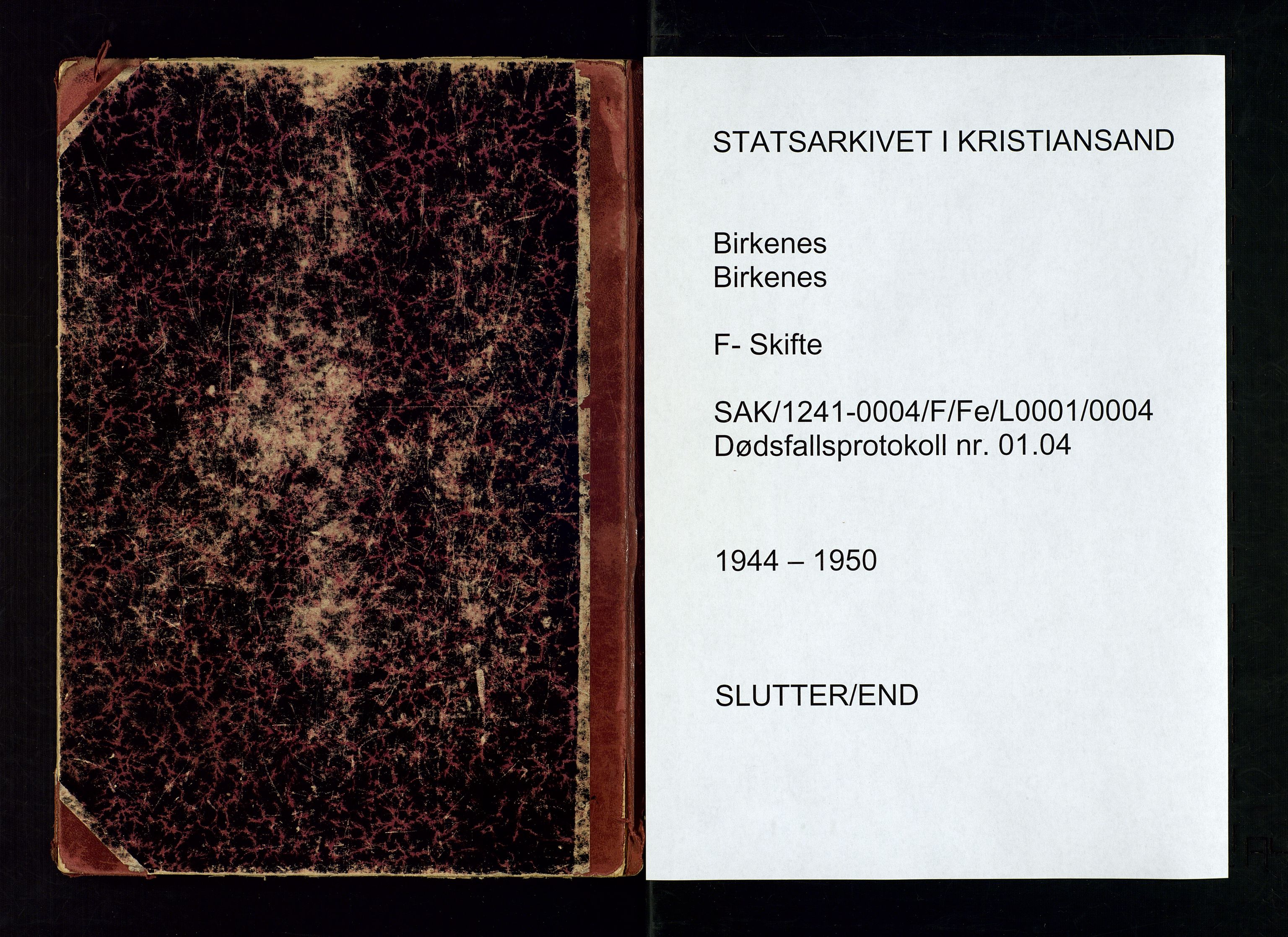 Birkenes lensmannskontor, SAK/1241-0004/F/Fe/L0001/0004: Dødsfallsprotokoller / Dødsfallsprotokoll, 1944-1950