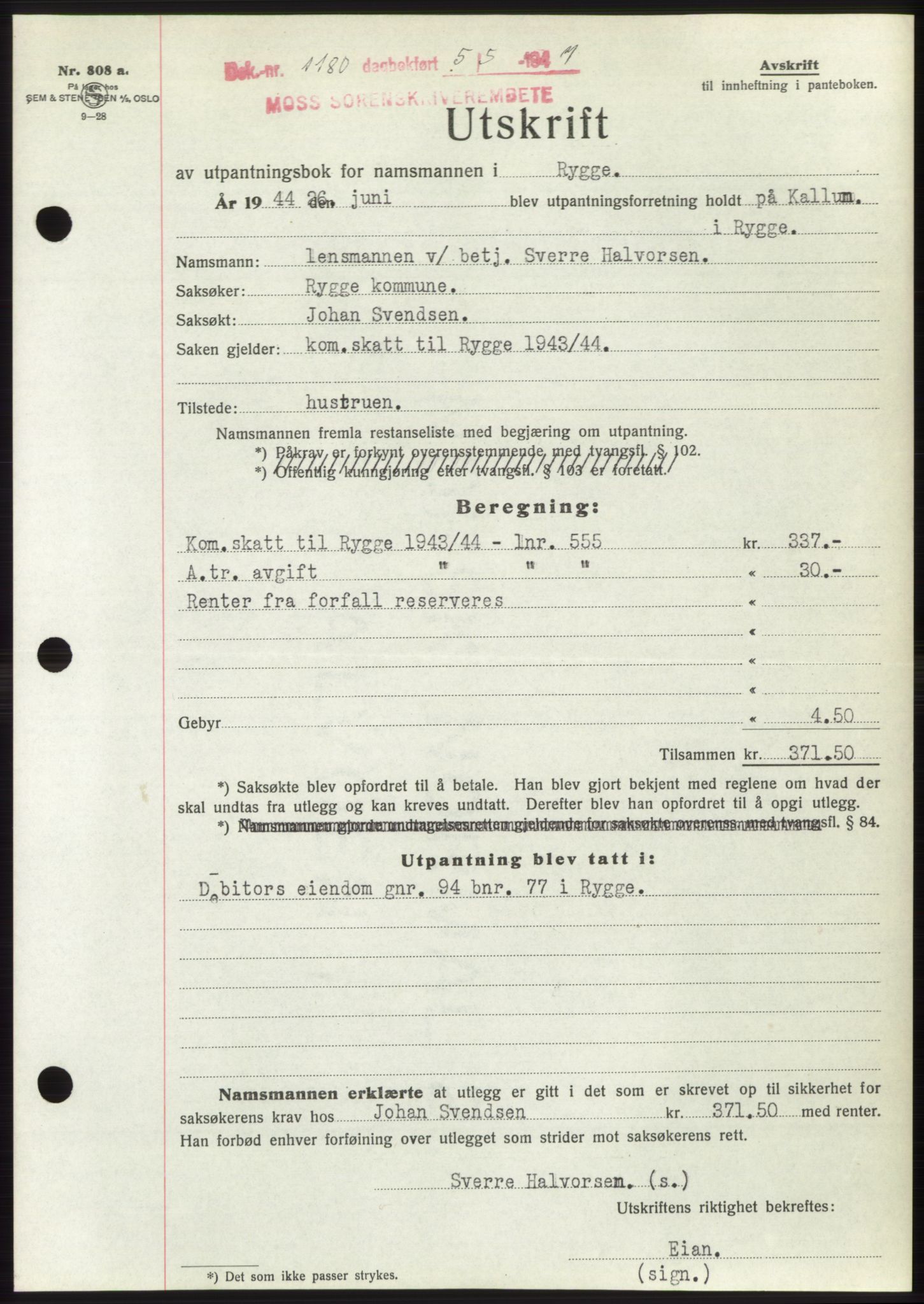 Moss sorenskriveri, SAO/A-10168: Pantebok nr. B17, 1947-1947, Dagboknr: 1180/1947