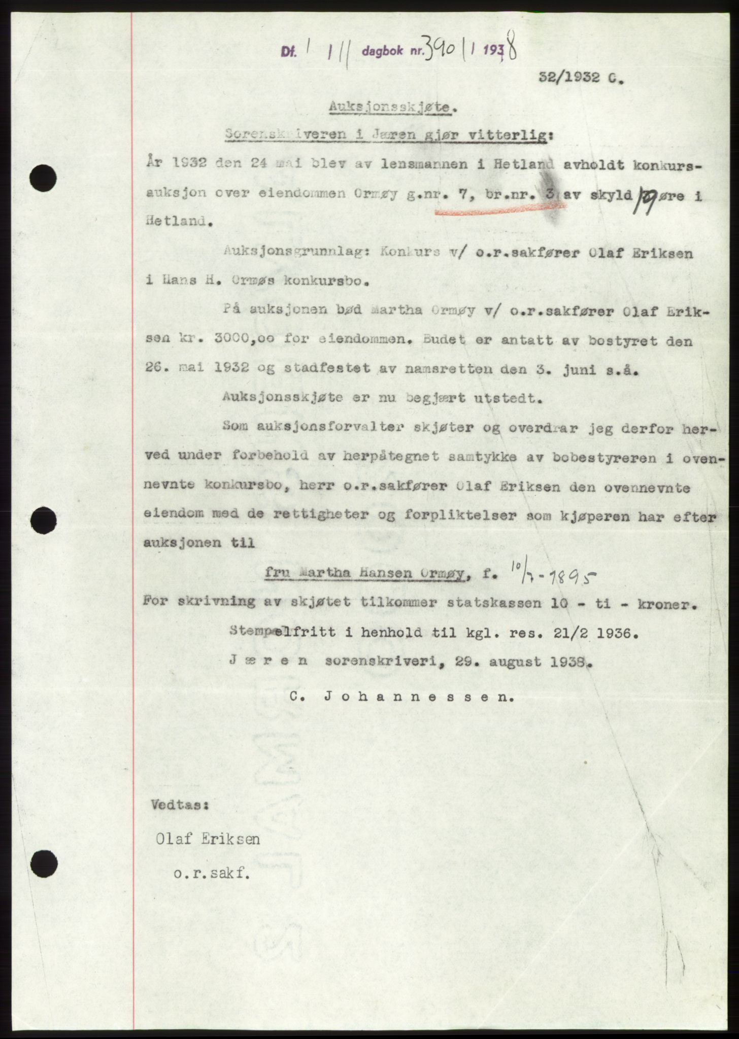 Jæren sorenskriveri, SAST/A-100310/03/G/Gba/L0072: Pantebok, 1938-1938, Dagboknr: 3901/1938