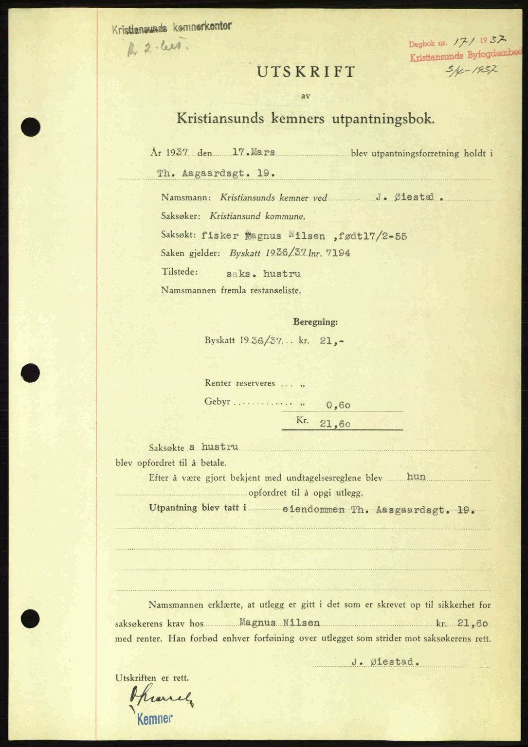 Kristiansund byfogd, AV/SAT-A-4587/A/27: Pantebok nr. 29, 1936-1937, Dagboknr: 171/1937