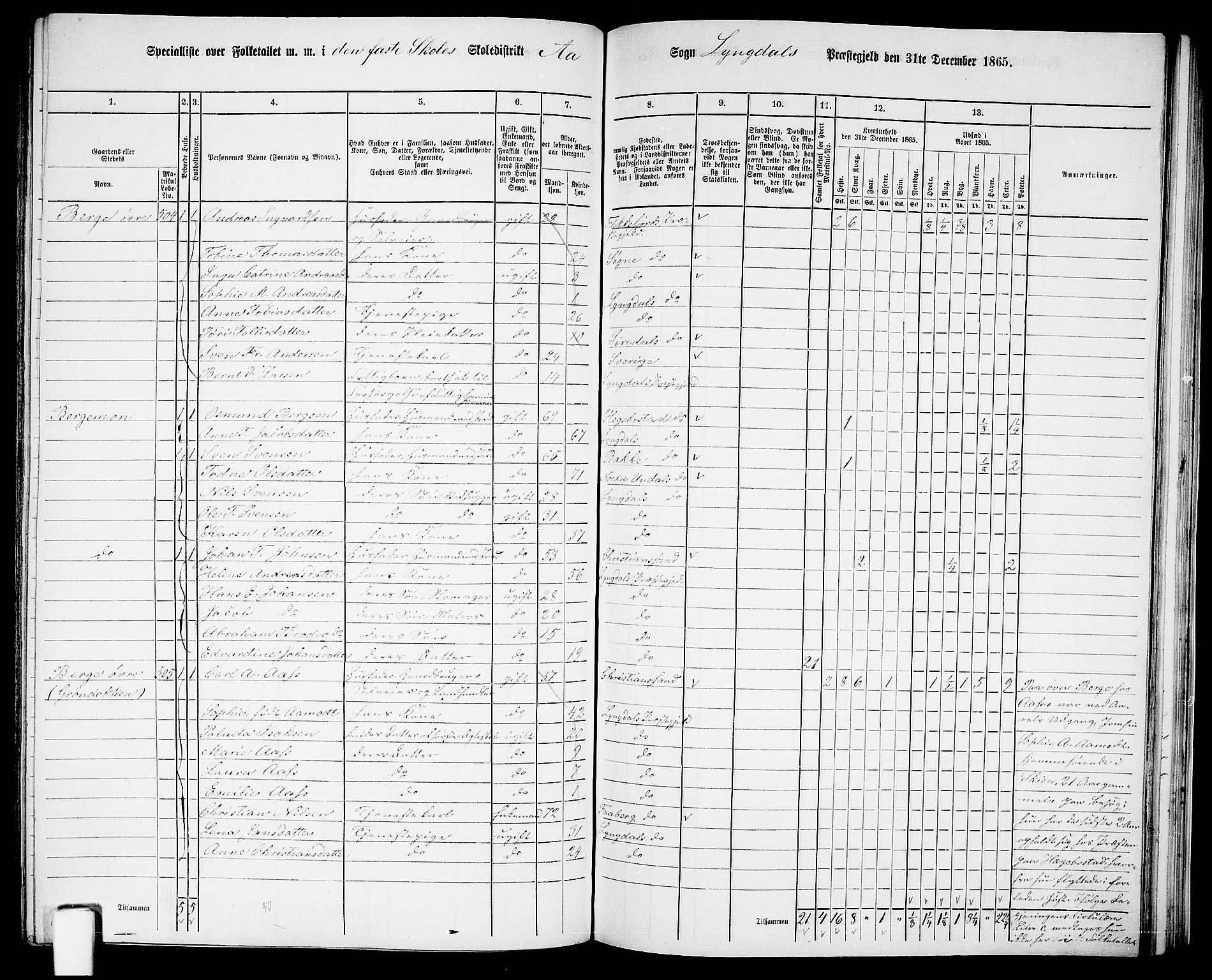 RA, Folketelling 1865 for 1032P Lyngdal prestegjeld, 1865, s. 198