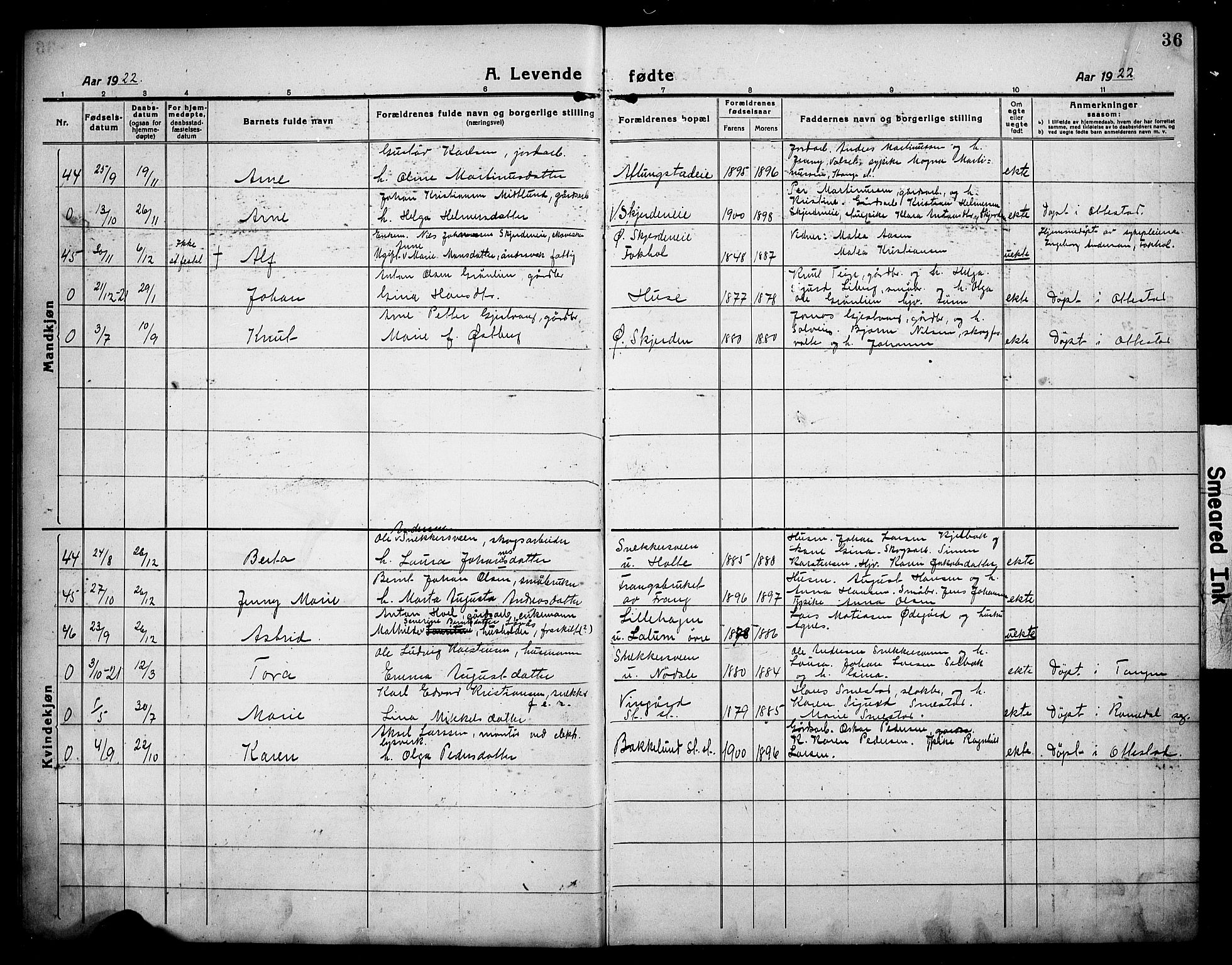 Stange prestekontor, AV/SAH-PREST-002/L/L0016: Klokkerbok nr. 16, 1918-1928, s. 36