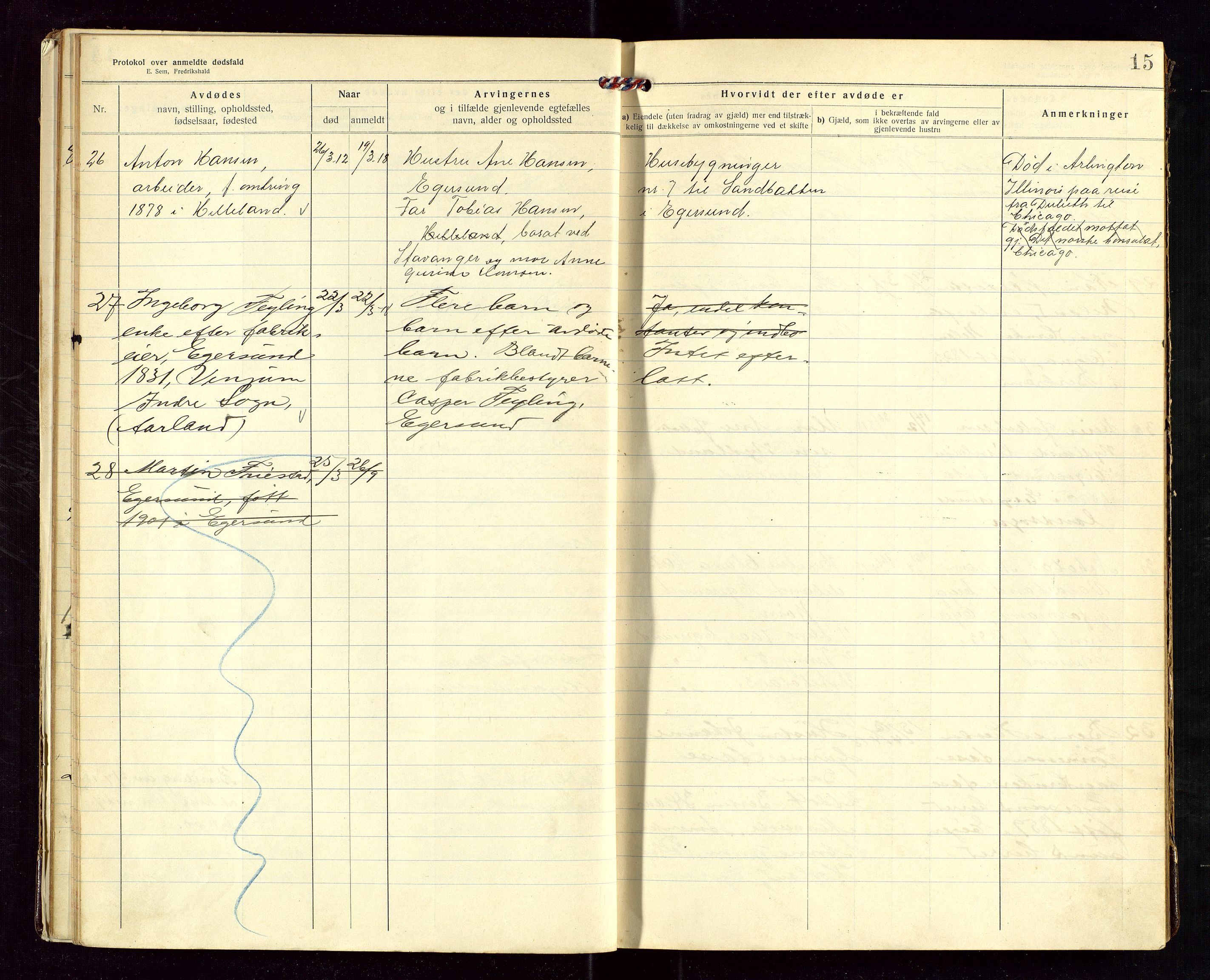Eigersund lensmannskontor, AV/SAST-A-100171/Gga/L0007: "Protokol over anmeldte dødsfald" m/alfabetisk navneregister, 1917-1920, s. 15