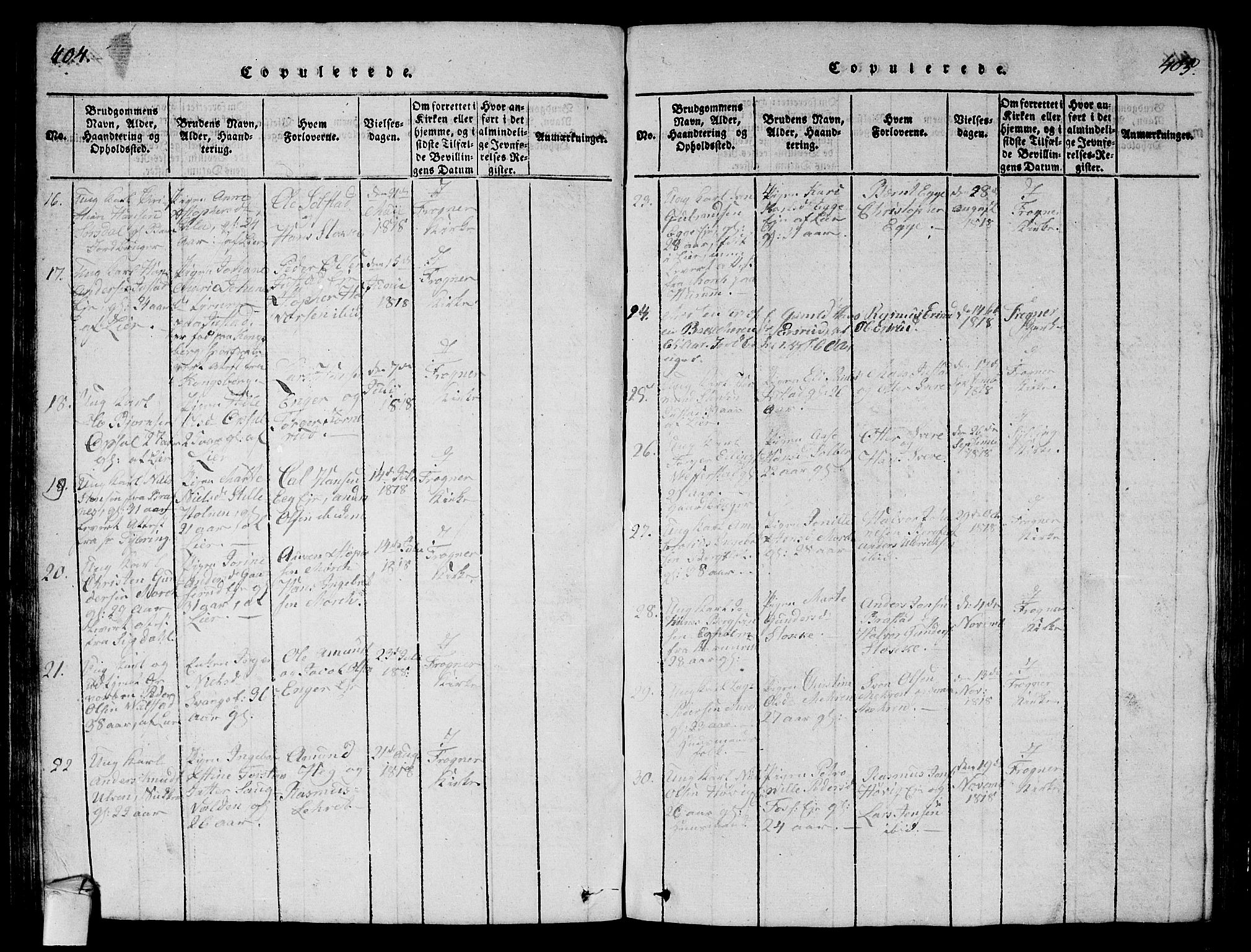 Lier kirkebøker, AV/SAKO-A-230/G/Ga/L0001: Klokkerbok nr. I 1, 1813-1824, s. 404-405
