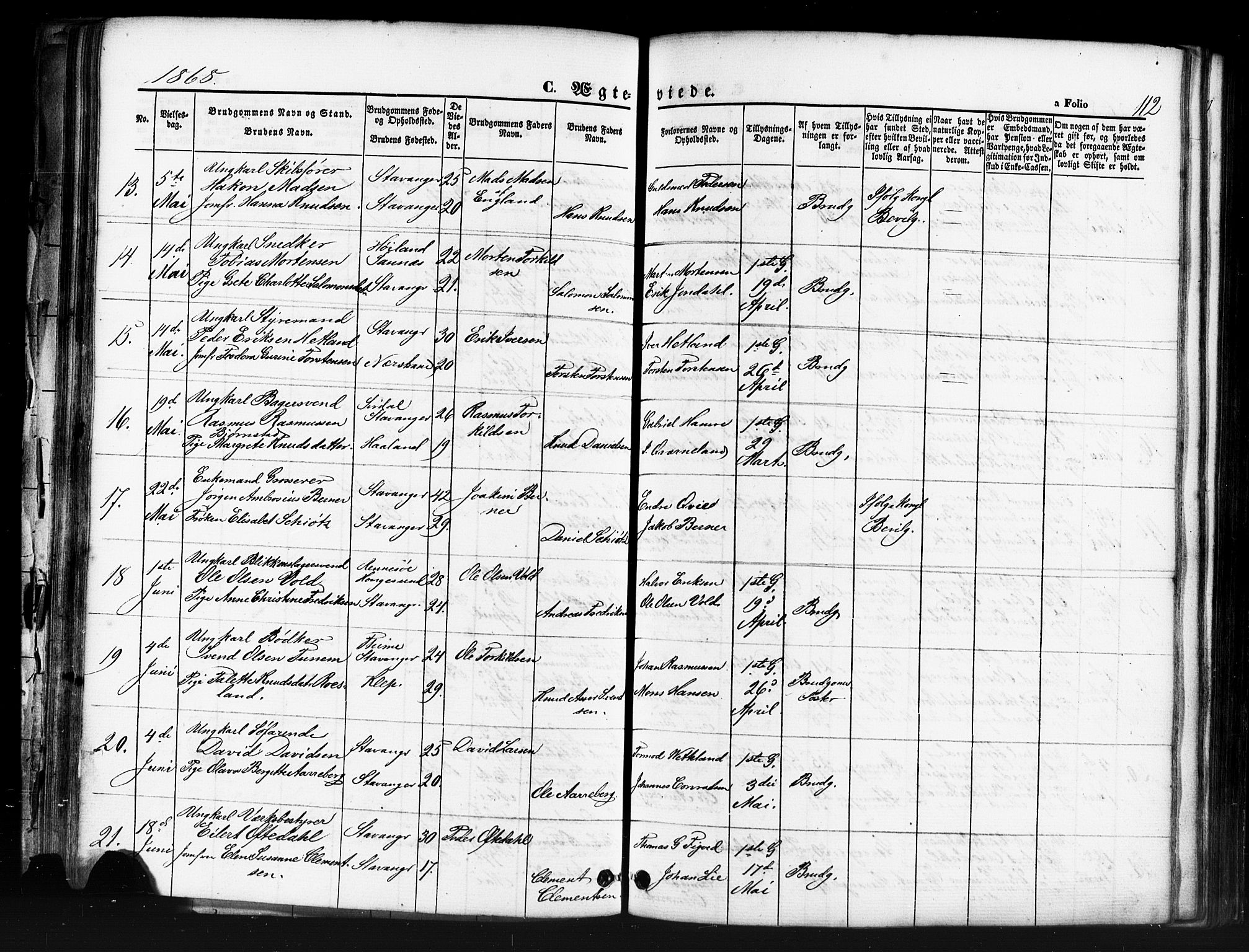 Domkirken sokneprestkontor, AV/SAST-A-101812/001/30/30BB/L0011: Klokkerbok nr. B 11, 1858-1876, s. 112