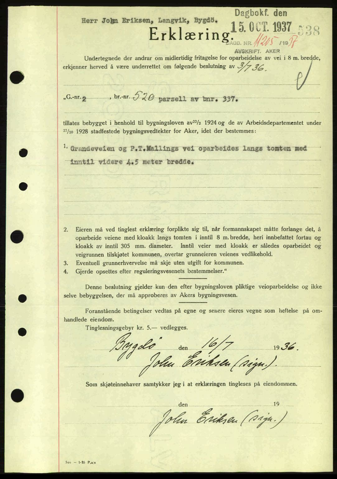 Aker herredsskriveri, SAO/A-10896/G/Gb/Gba/Gbab/L0017: Pantebok nr. A148, 1937-1937, Dagboknr: 11205/1937