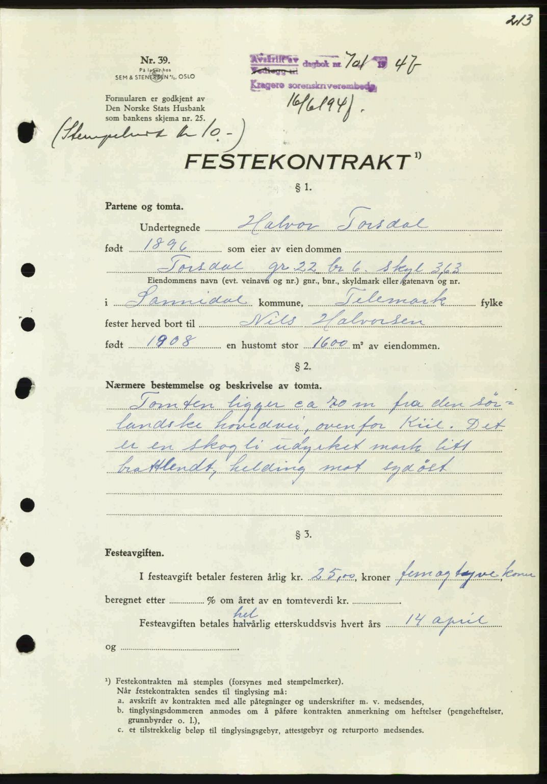 Kragerø sorenskriveri, SAKO/A-65/G/Ga/Gab/L0061: Pantebok nr. A-61, 1947-1947, Dagboknr: 701/1947